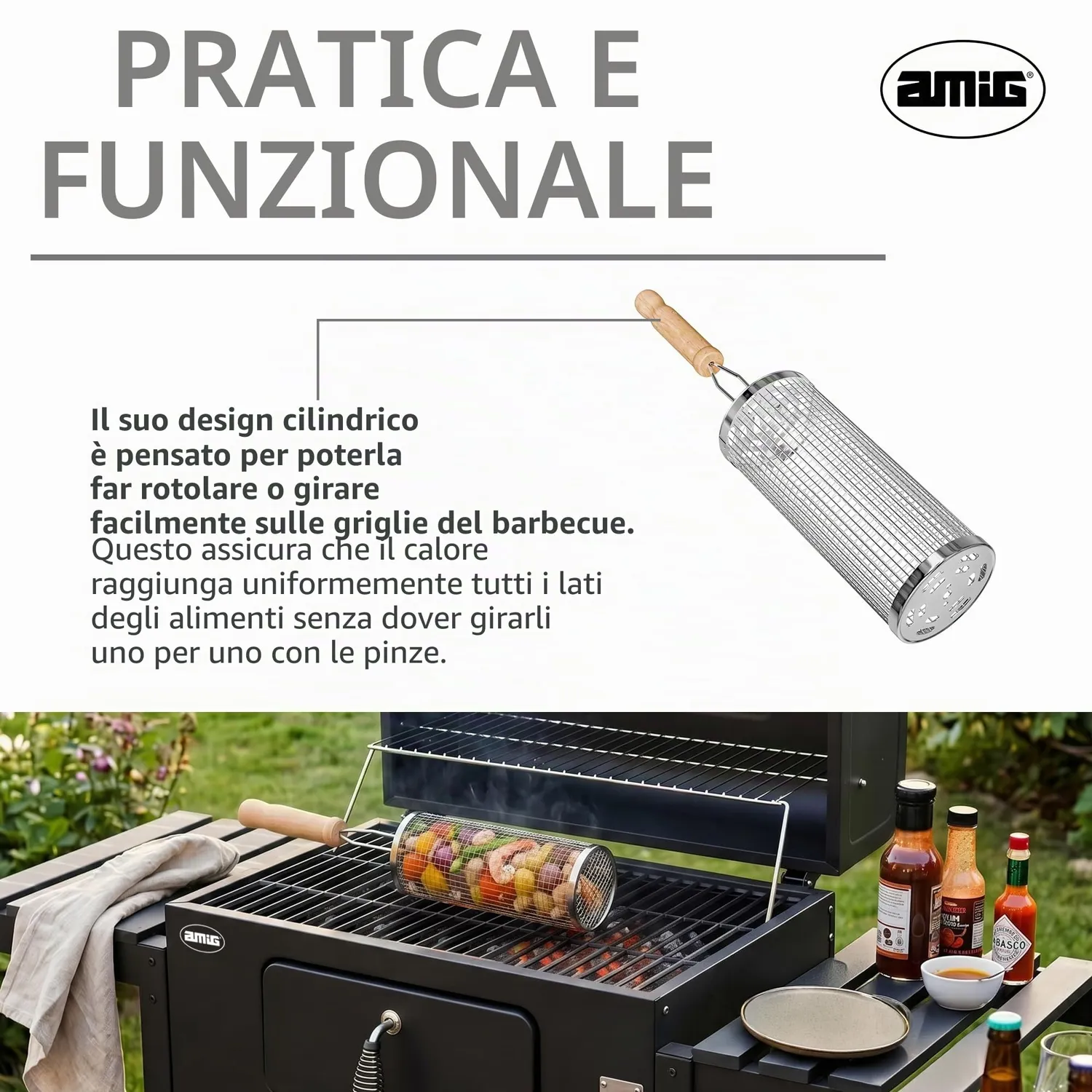 Amig AM28 Cesta Barbecue Rotonda 8x20 cm Inox Legno