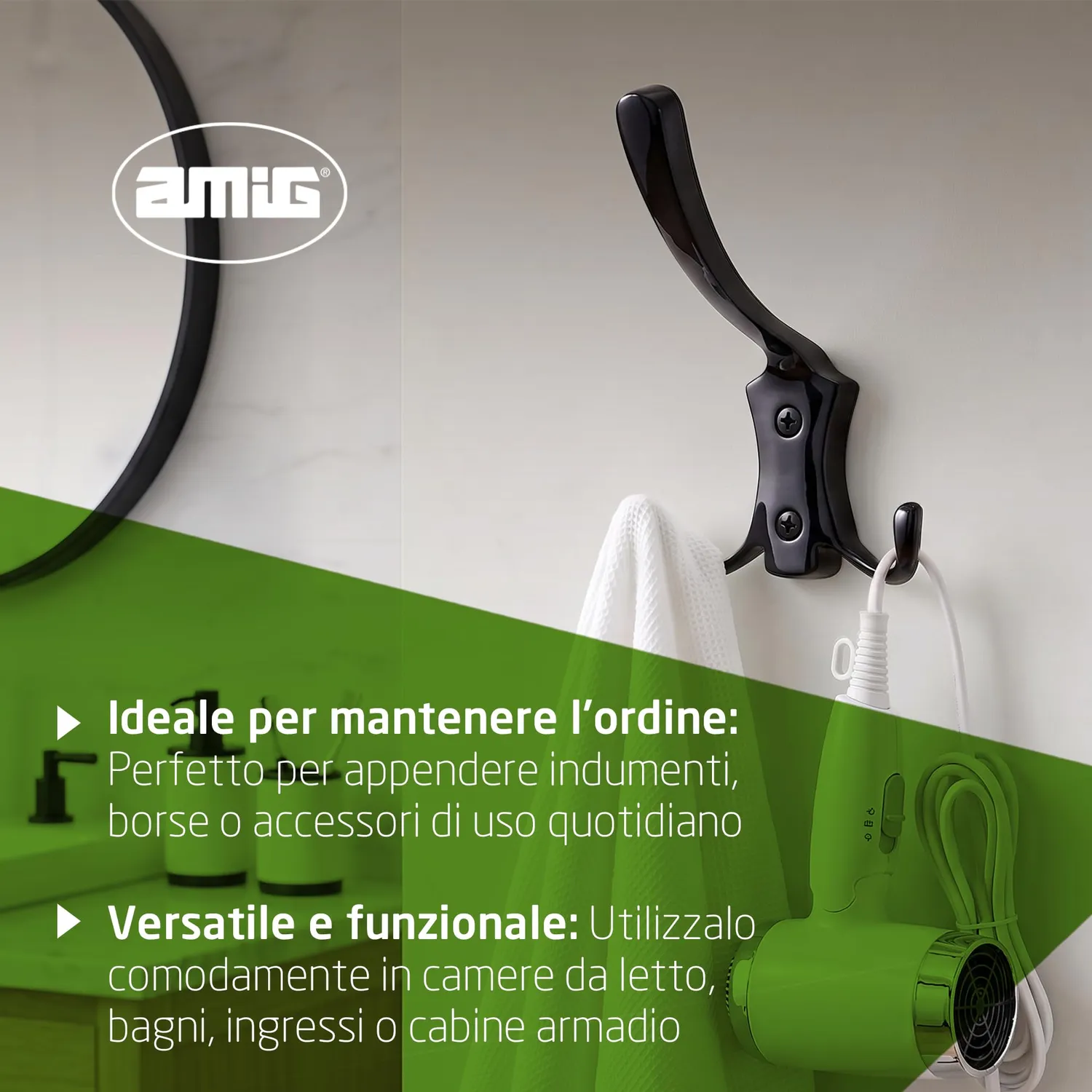 Amig CS33 appendiabiti da parete nero 3 ganci zamak