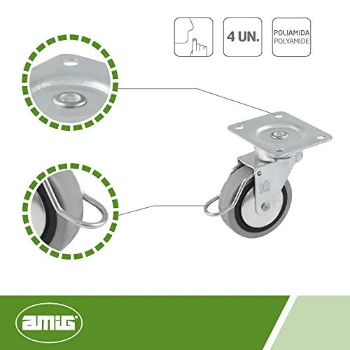 Amig 2503 Set 4 Rotelle Gomma Grigia 60mm con Freno