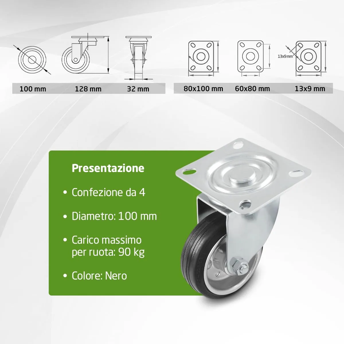 Amig set 4 ruote per mobili 100 mm gomma 90 kg