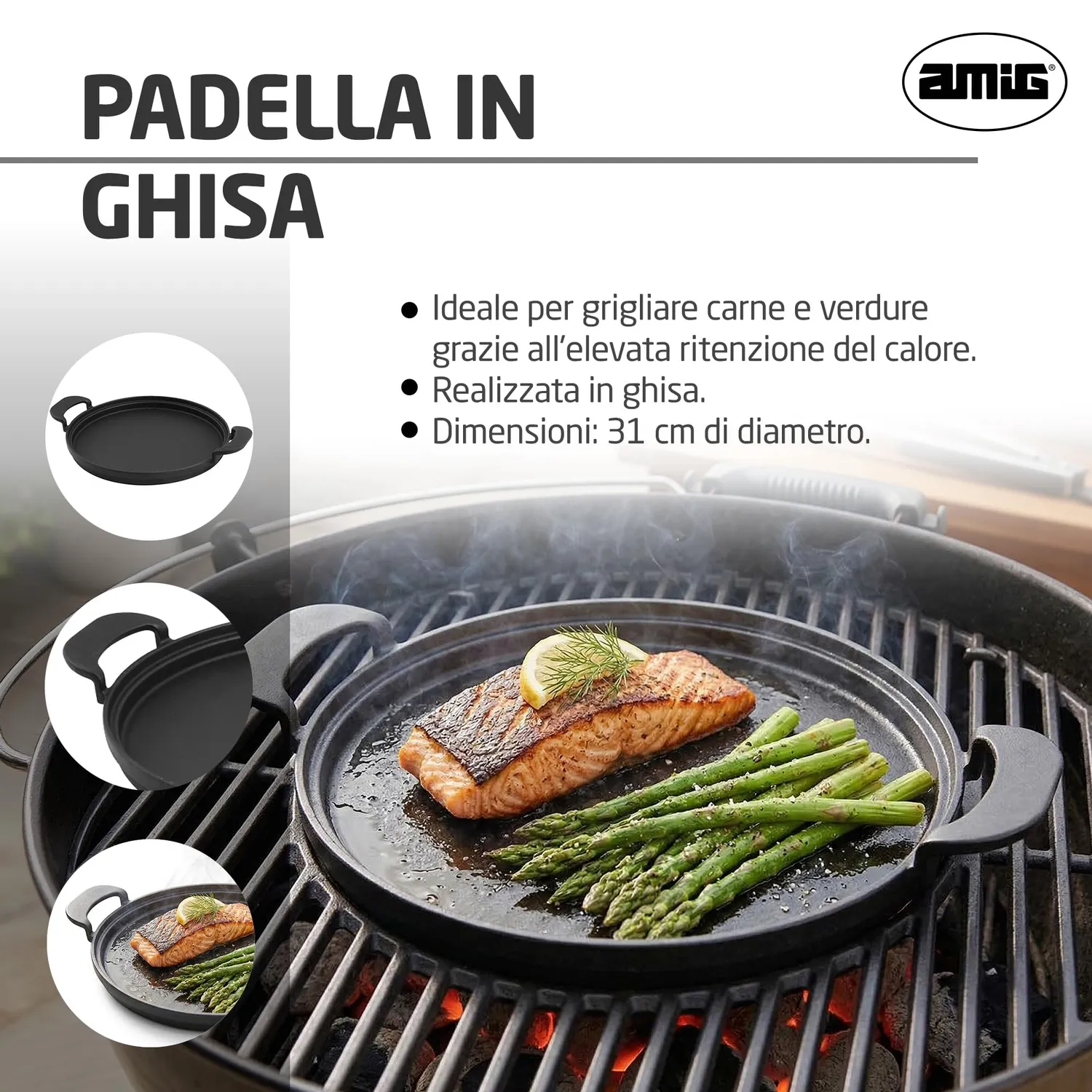 Amig AM39 padella ghisa 31 cm barbecue alta resistenza