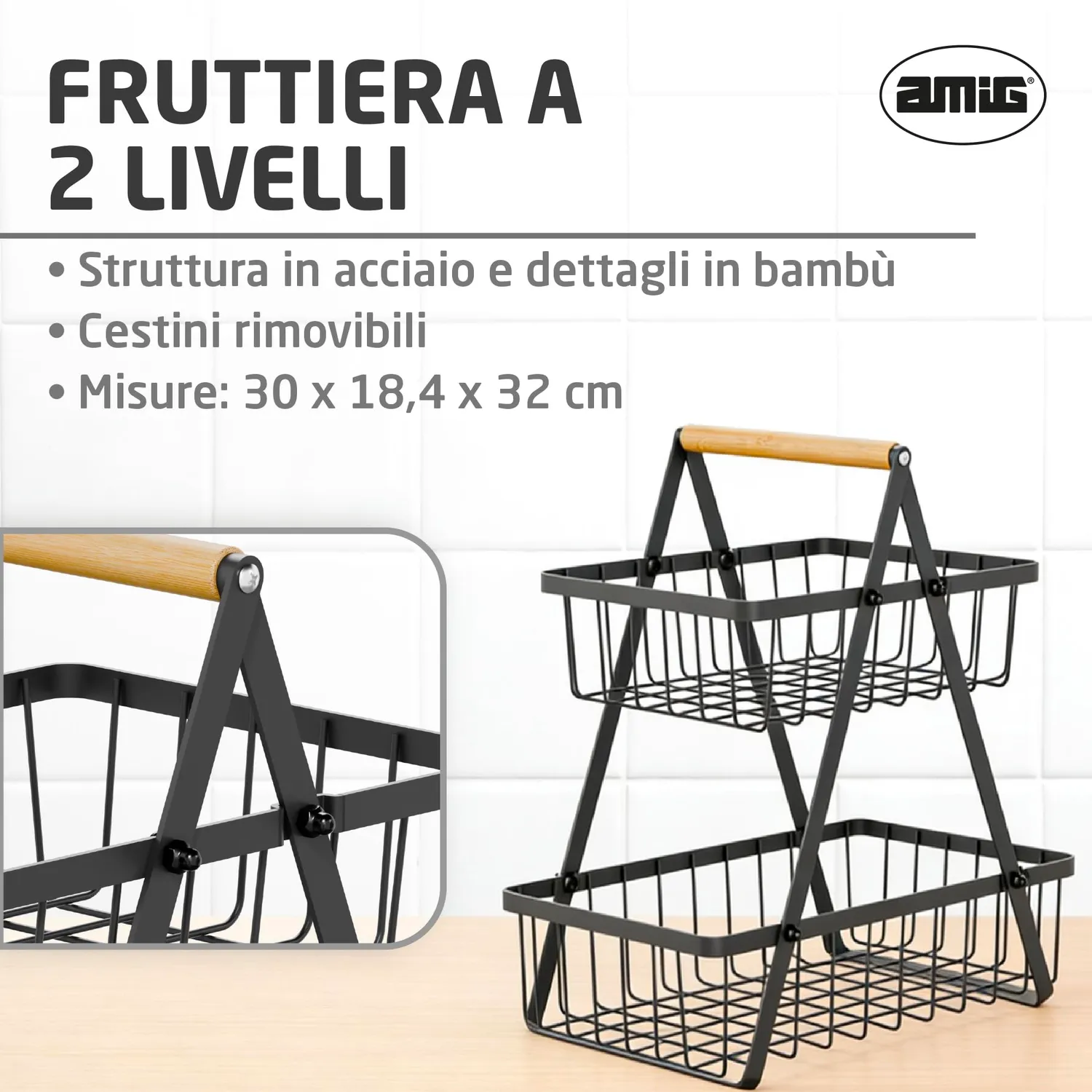 Amig Stilo 04-30 portafrutta 2 livelli nero legno