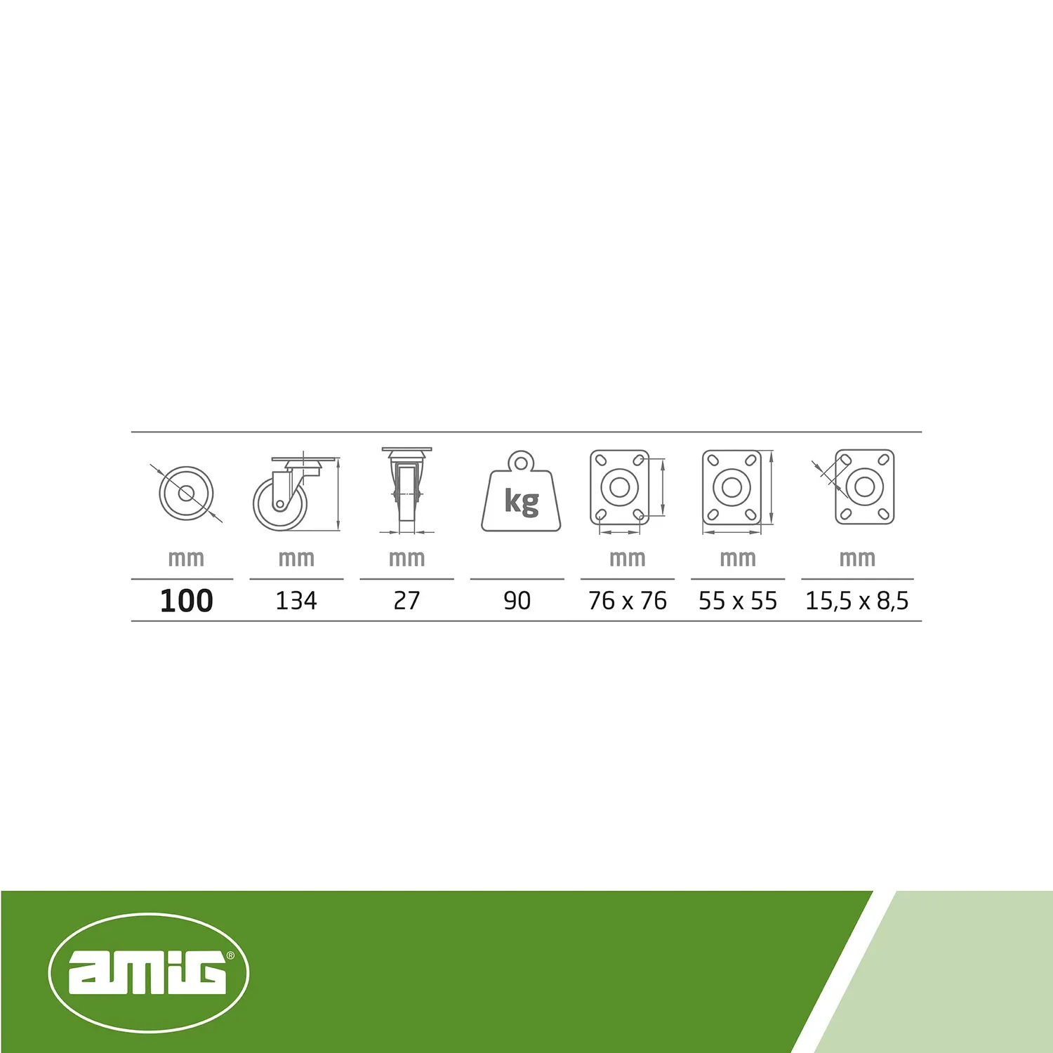 Amig Set 4 Ruote Inox Ø 100 mm Gomma Nera 90 kg