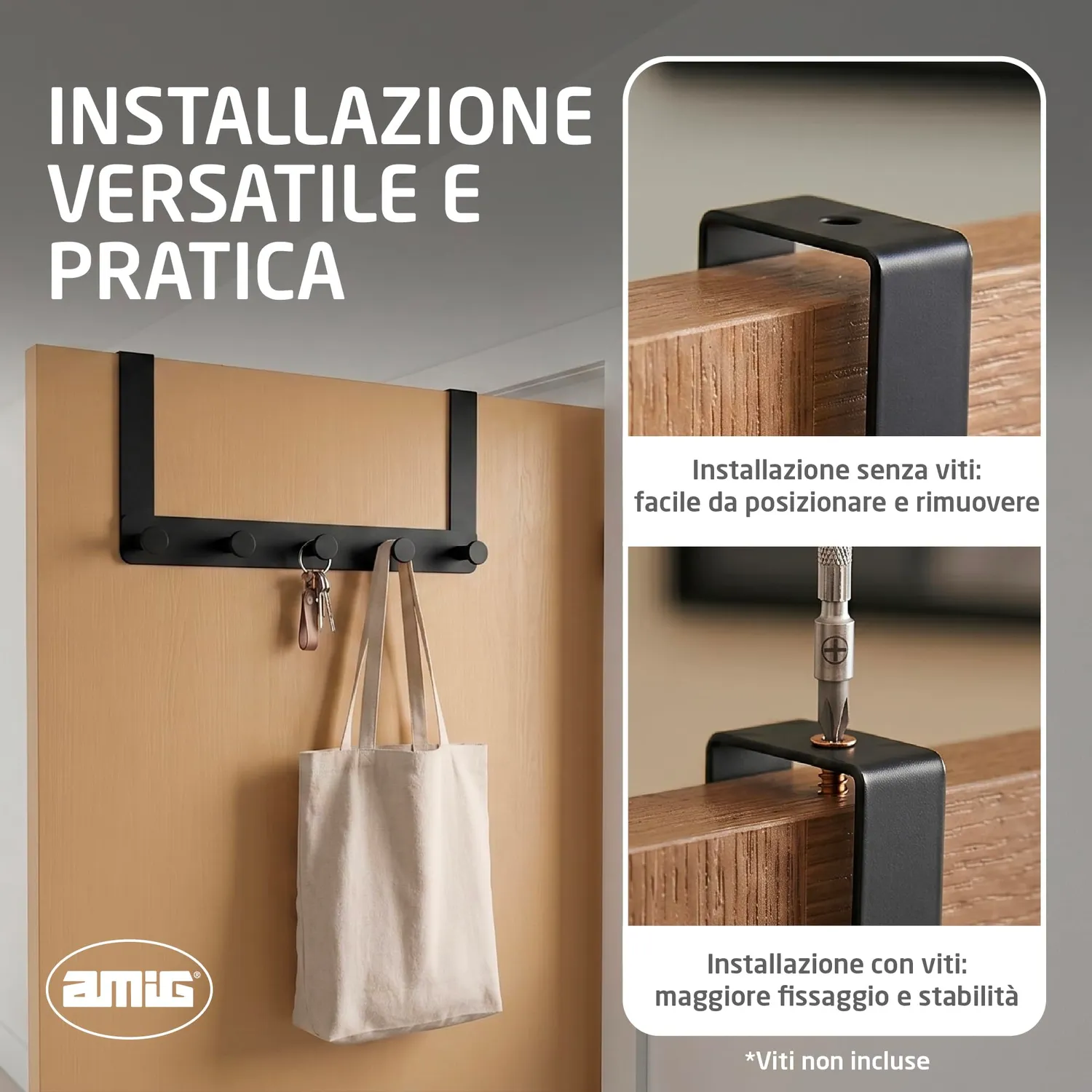 Amig CP41 appendiabiti da porta nero acciaio