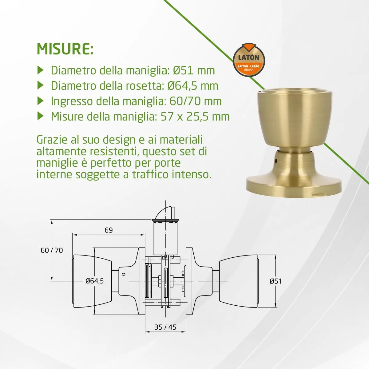 Amig 601 pomolo porta interna 60-70 mm ottone opaco