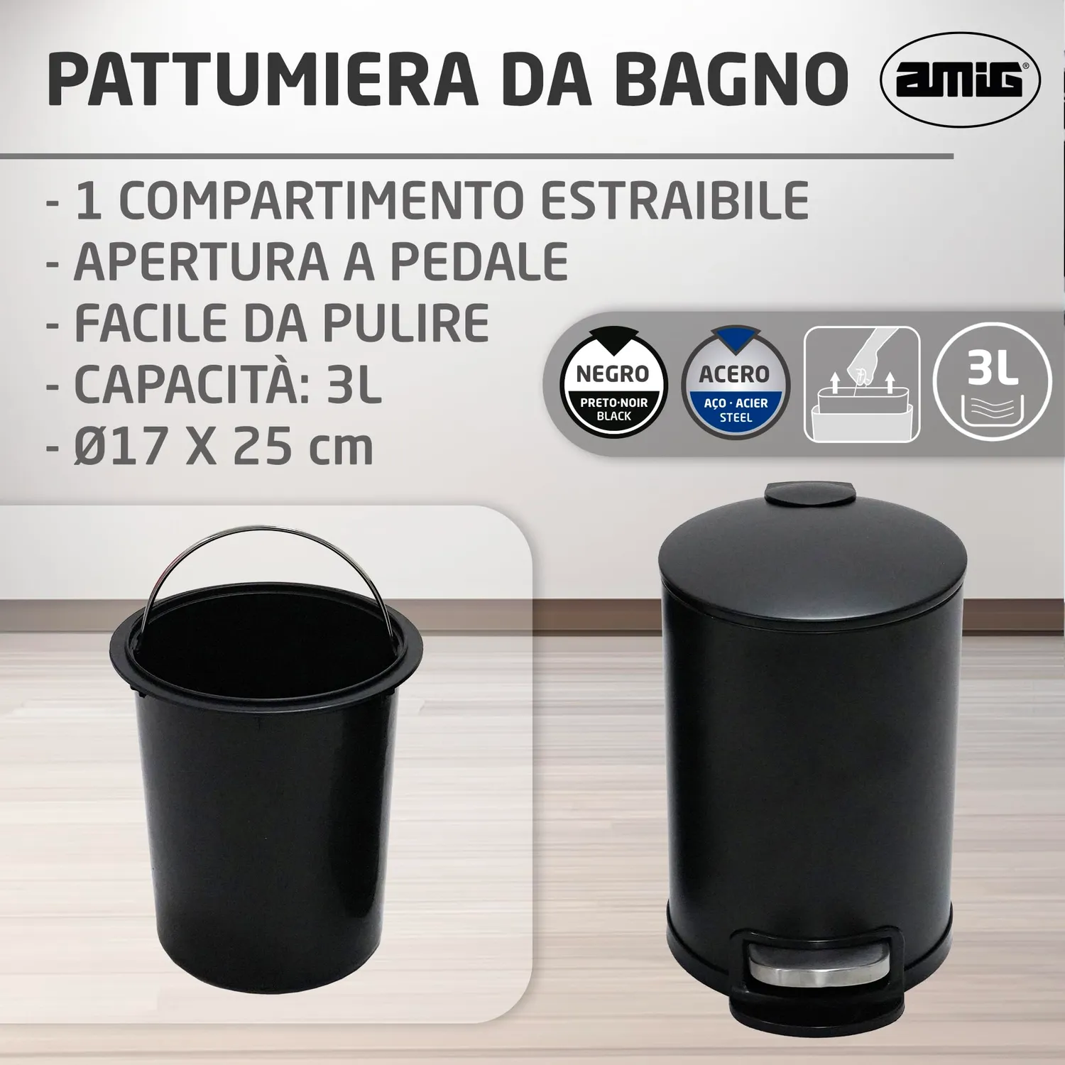 Amig Tacto pattumiera bagno 3 litri nera pedale