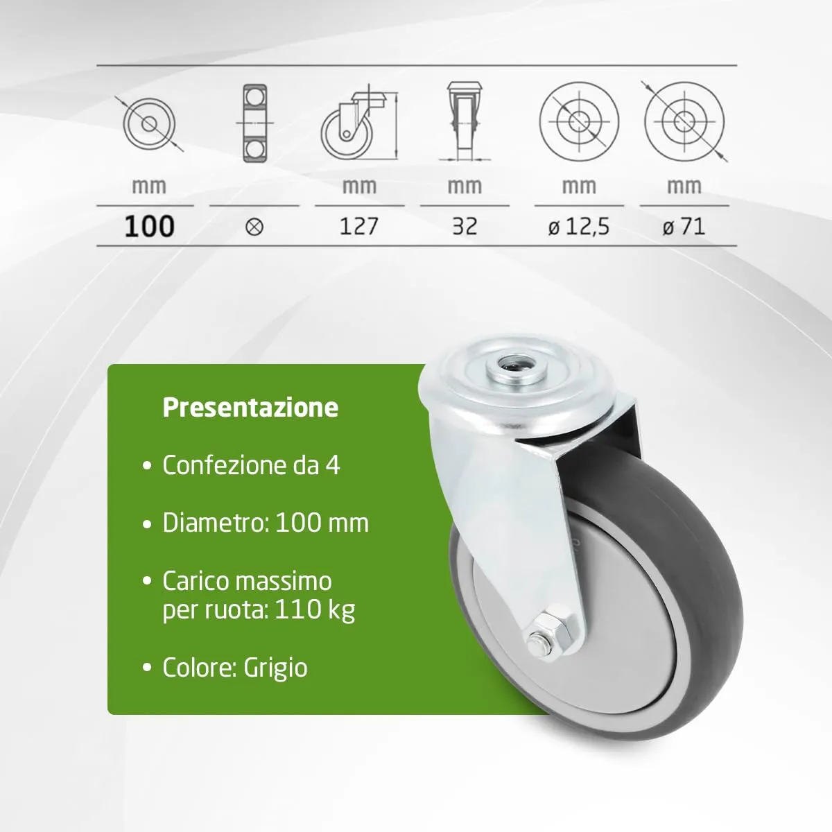 Amig Pack 4 Ruote con Foro Ø100 mm Senza Freno