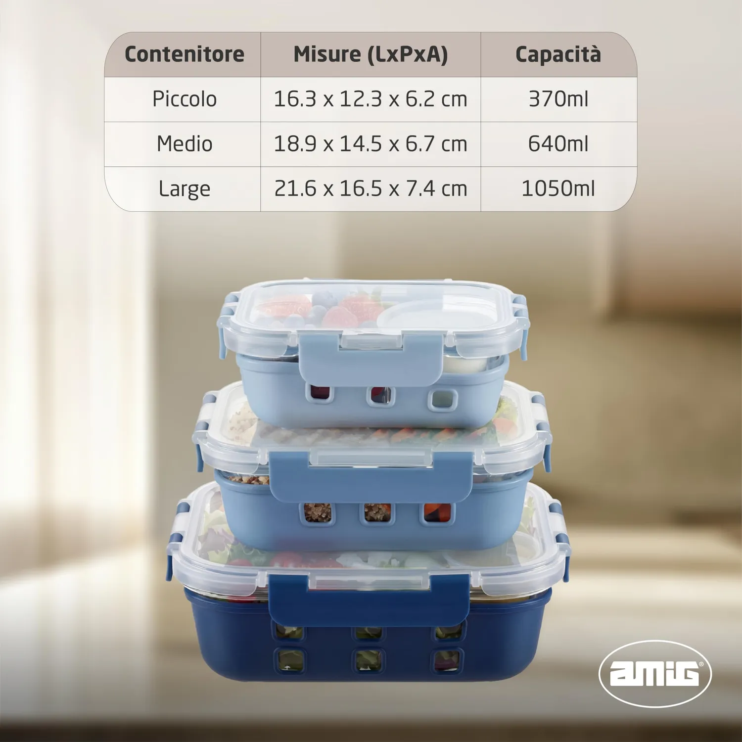 Amig 800 Set 3 Contenitori Vetro Ermetici 370-1050 ml