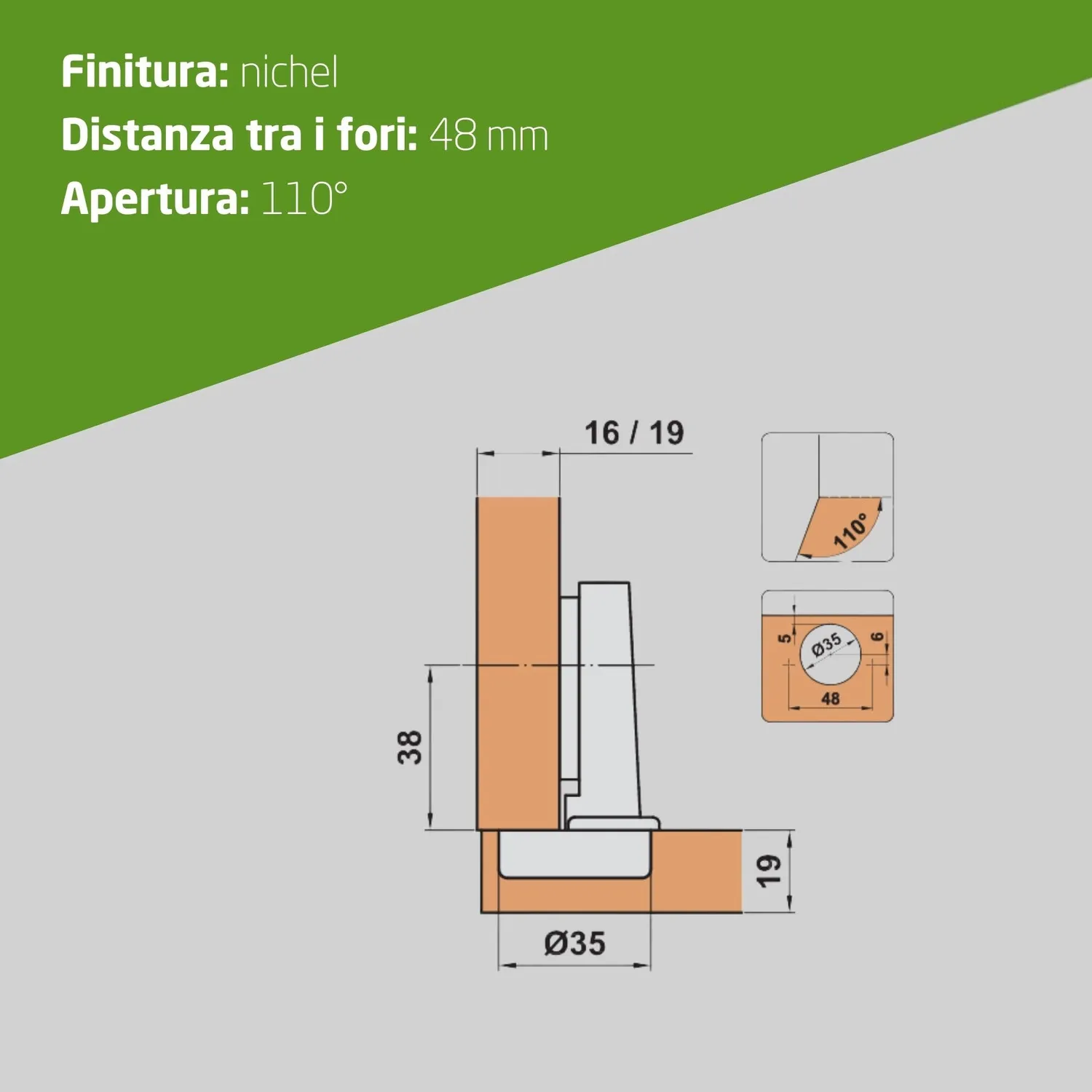 Amig cerniere a tazza dritte Ø35 mm 110° 5 paia argento