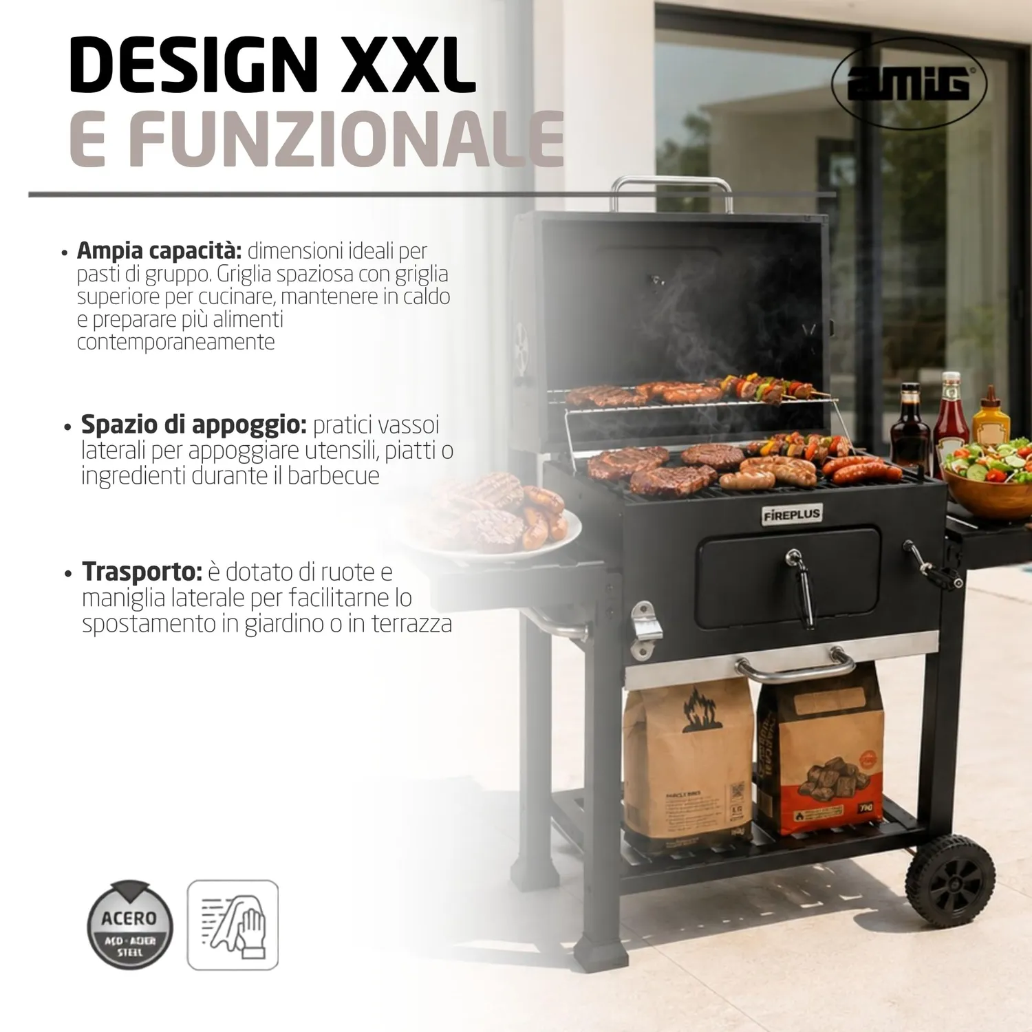 Amig Fireplus barbecue carbone portatile ruote 57x42 cm