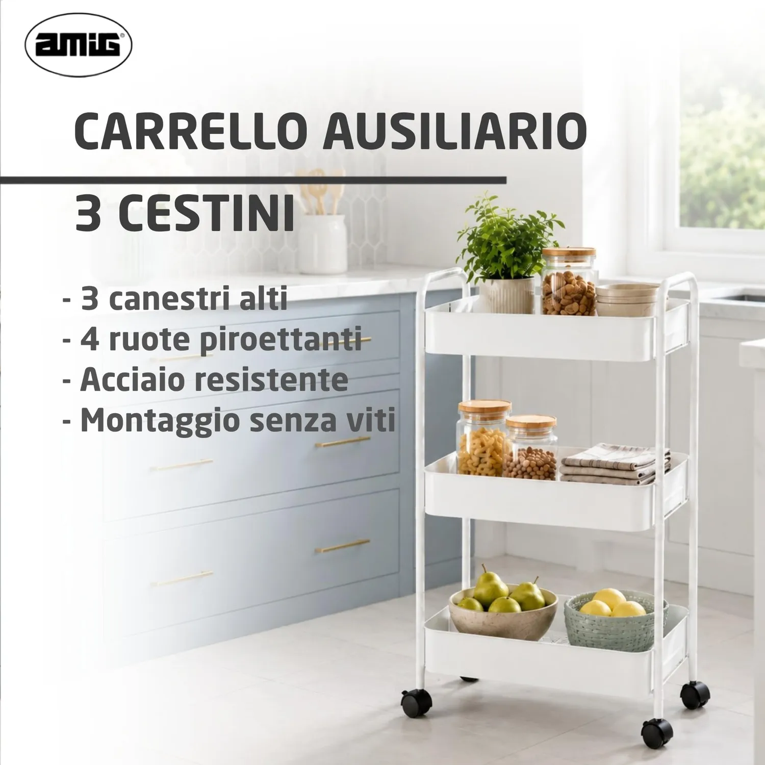 Amig Klipsa carrello cucina bianco 3 ripiani