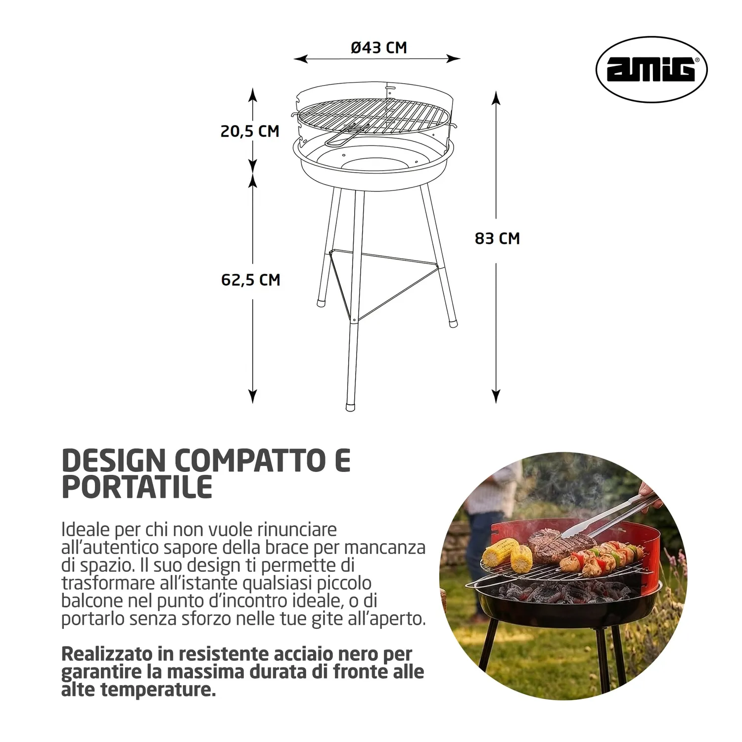 Amig Fenix Barbecue a Carbone 57x54x84 cm Nero