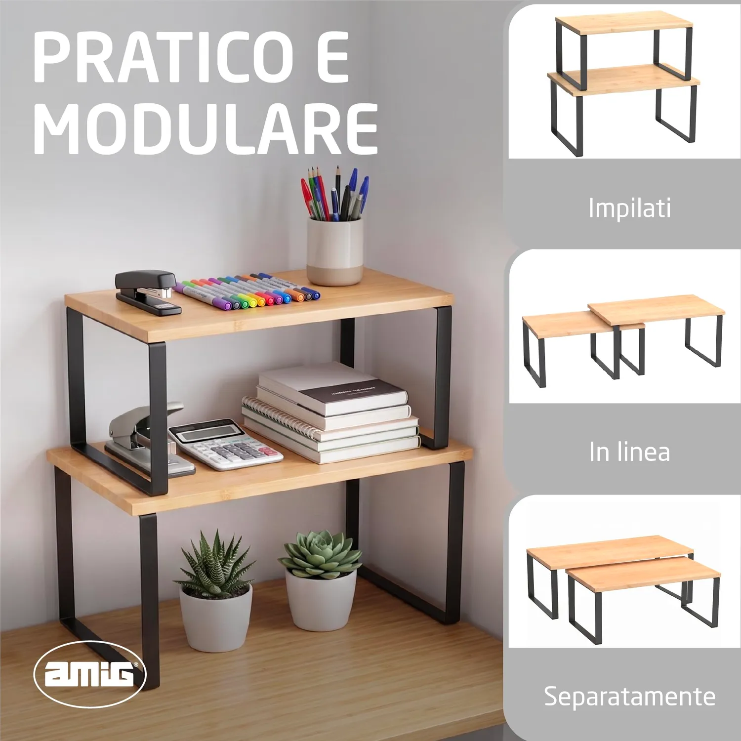 Amig Soren Mensole Spezie Set 2 Pezzi Nero Bambù Impilabili
