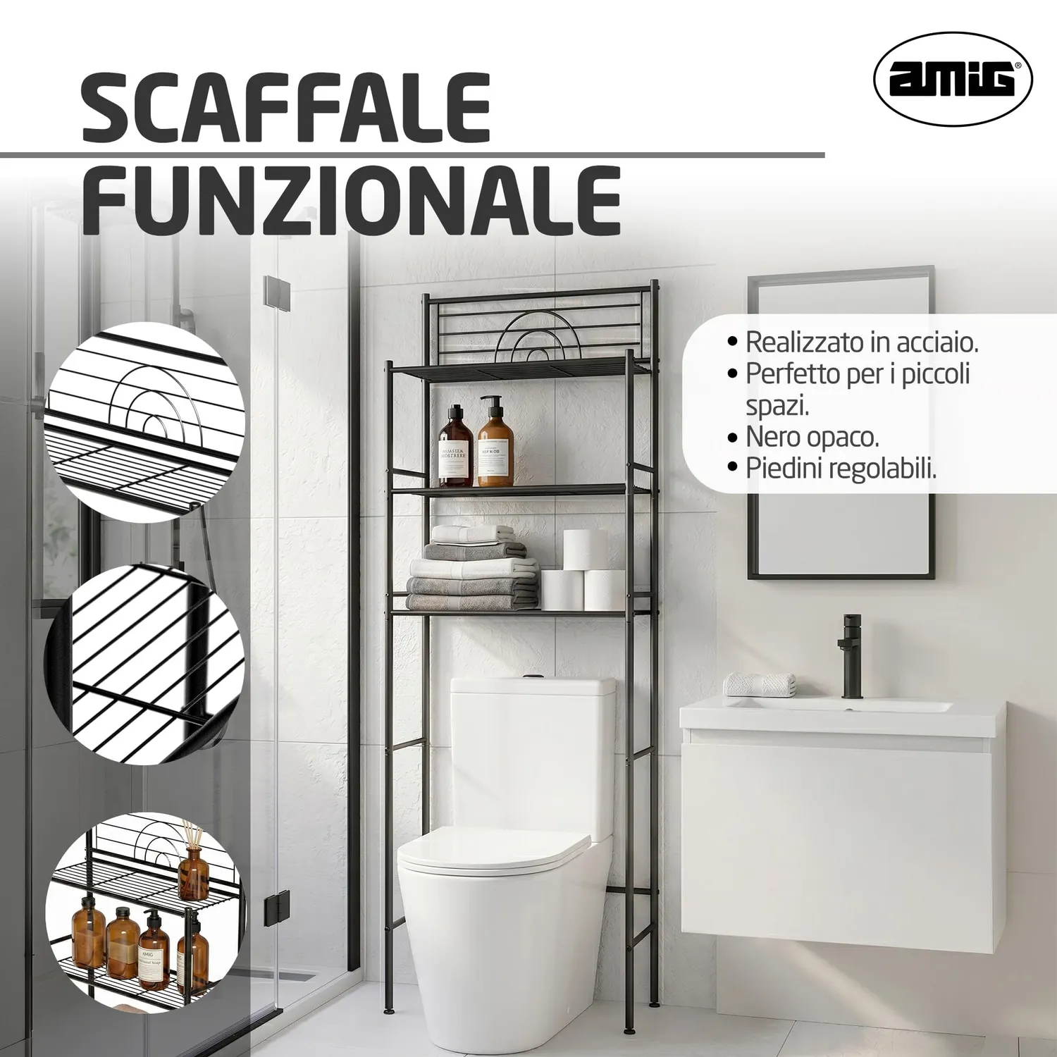 Amig Oria mensola bagno sopra WC 3 ripiani nera
