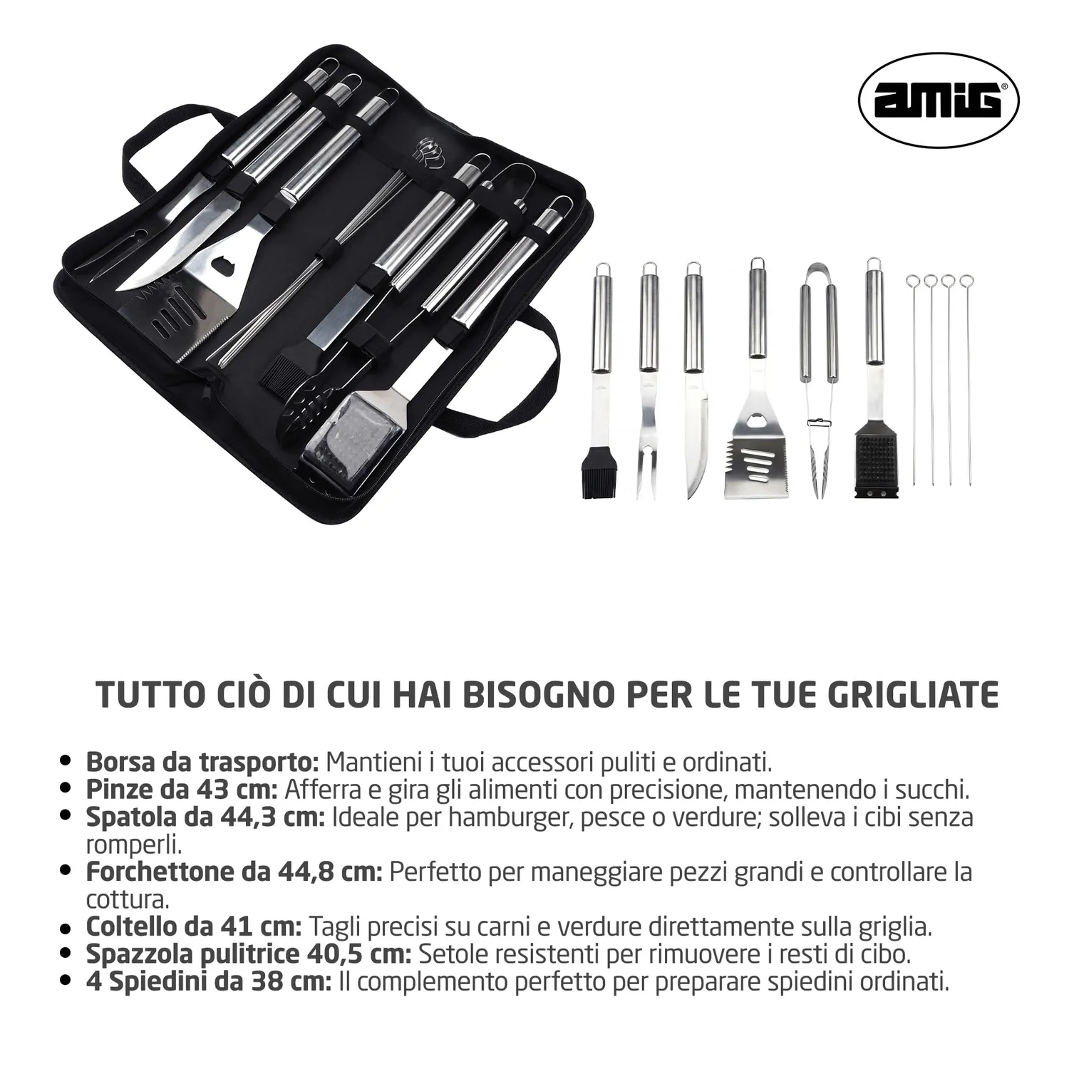 Amig AM03 kit barbecue 10 pezzi acciaio inox
