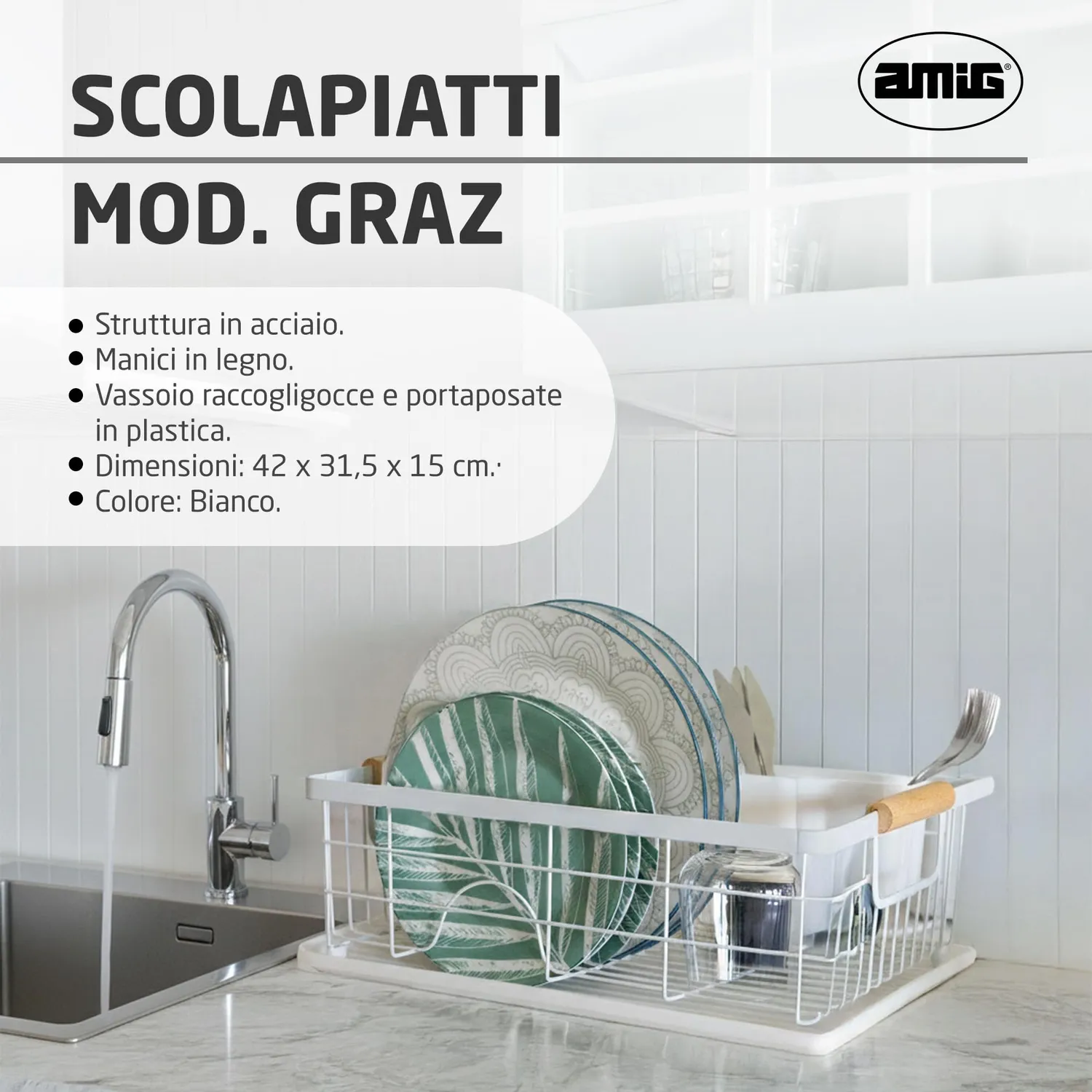 Amig Graz Scolapiatti Bianco 42 cm con Vassoio 10 Piatti