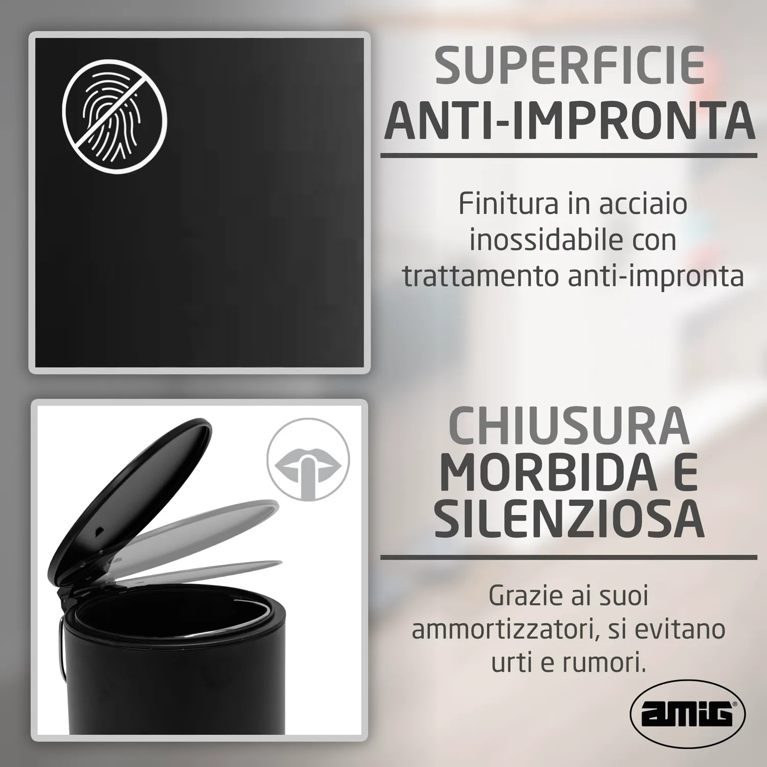 Amig Tacto pattumiera bagno 3 litri nera pedale