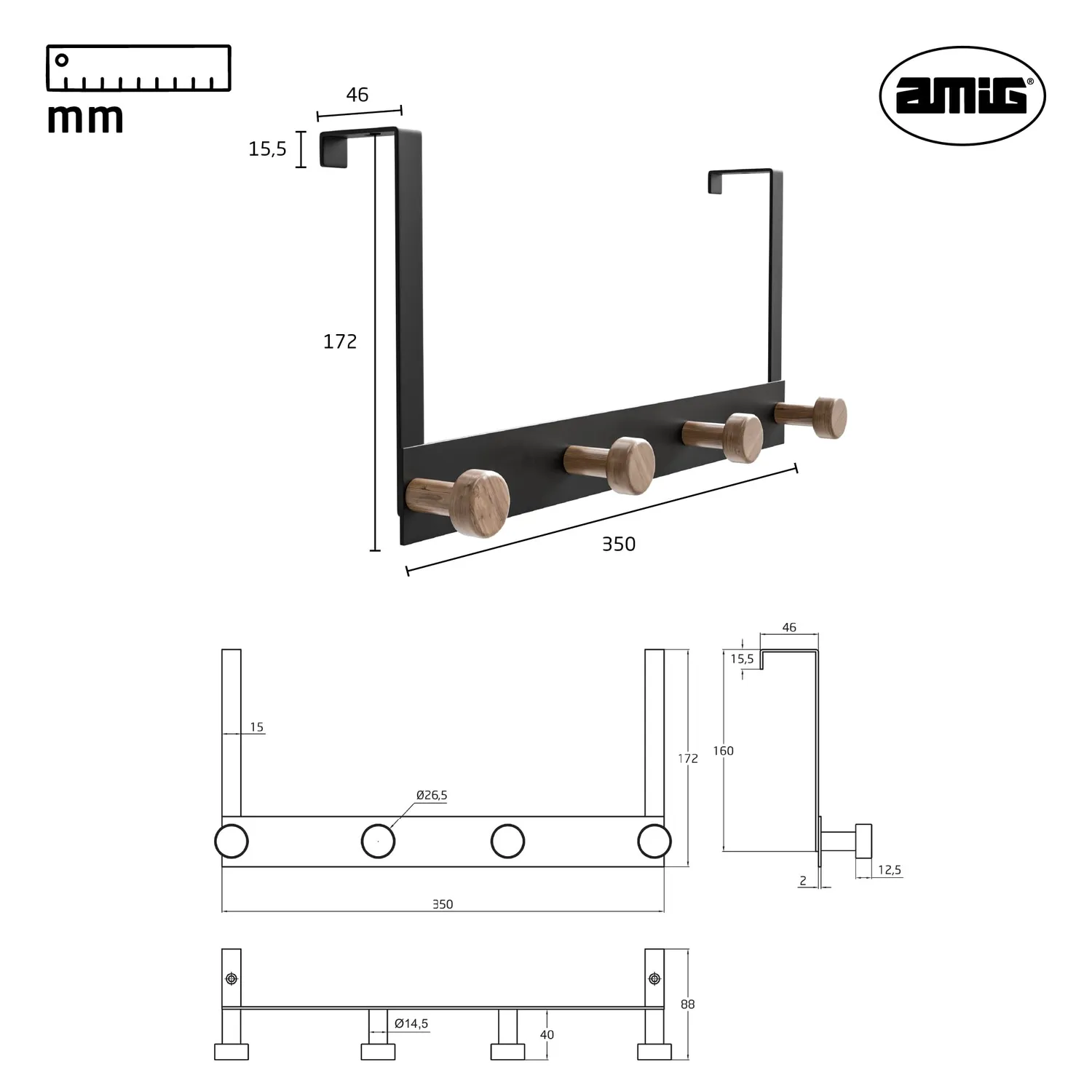 Amig CP47 appendiabiti per porta nero acciaio e legno