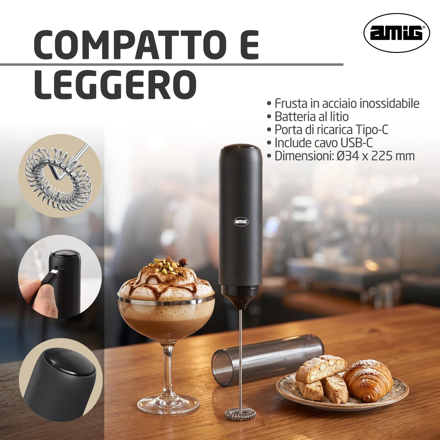 Amig montalatte elettrico portatile USB-C acciaio