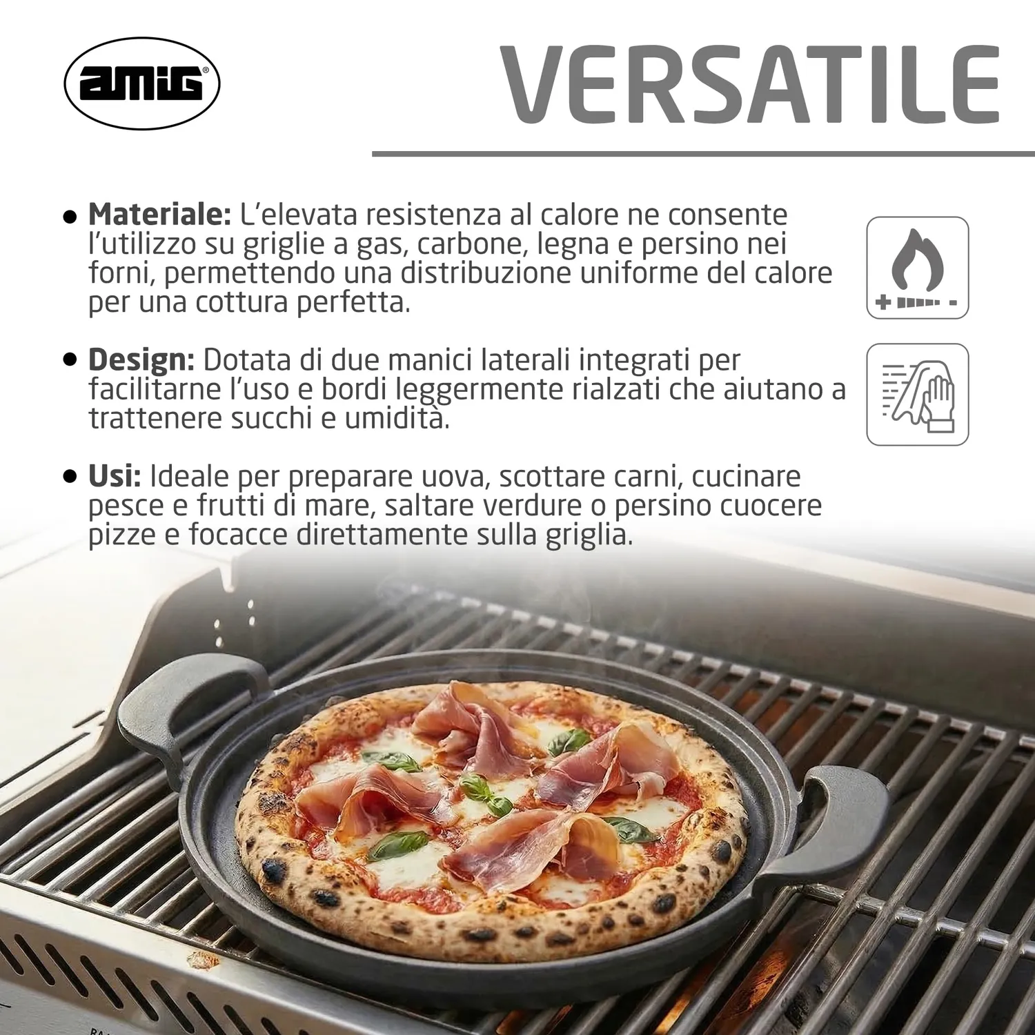 Amig AM39 padella ghisa 31 cm barbecue alta resistenza