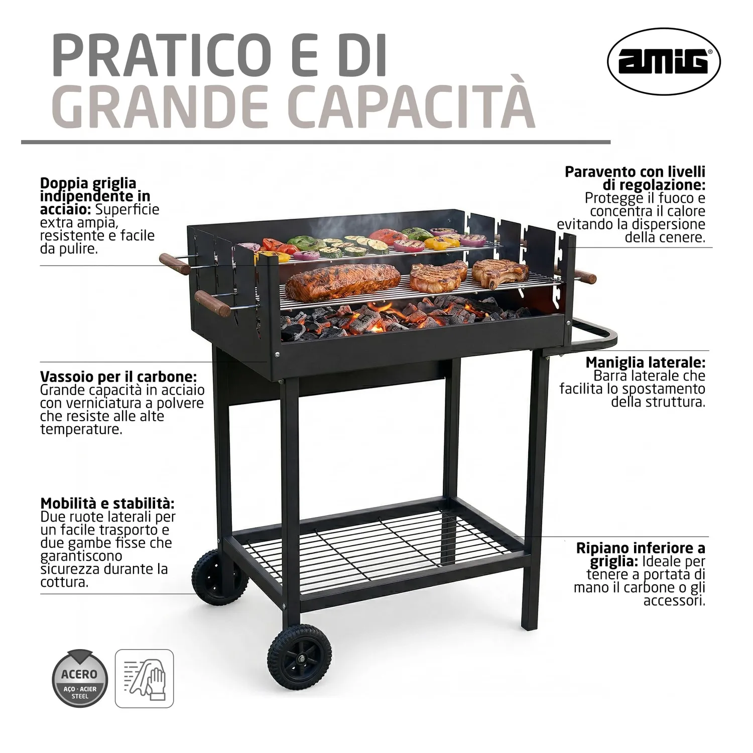 Amig Draken Barbecue a Carbone 94x51x93 cm Nero