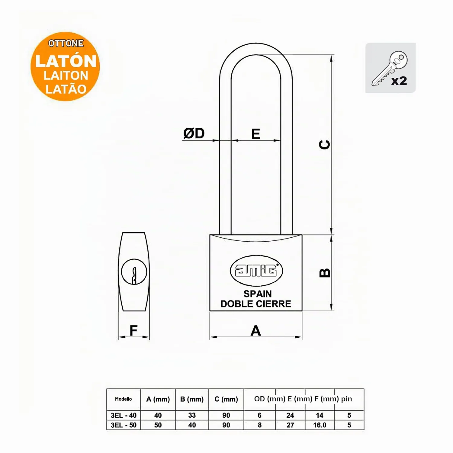 Amig Lucchetto Arco Lungo Ottone 40 mm 2 Chiavi