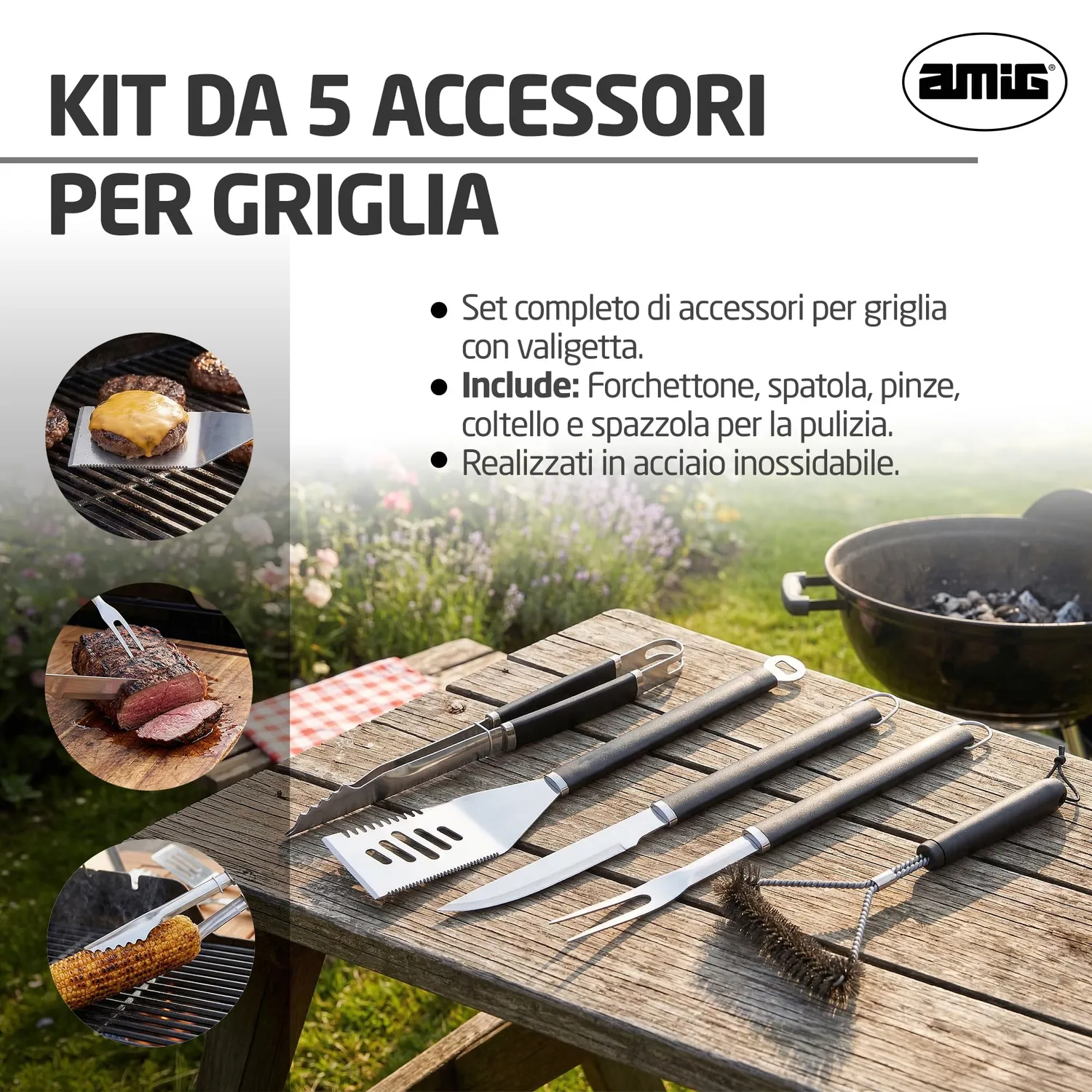 Amig AM01 set utensili barbecue 5 pezzi acciaio inox