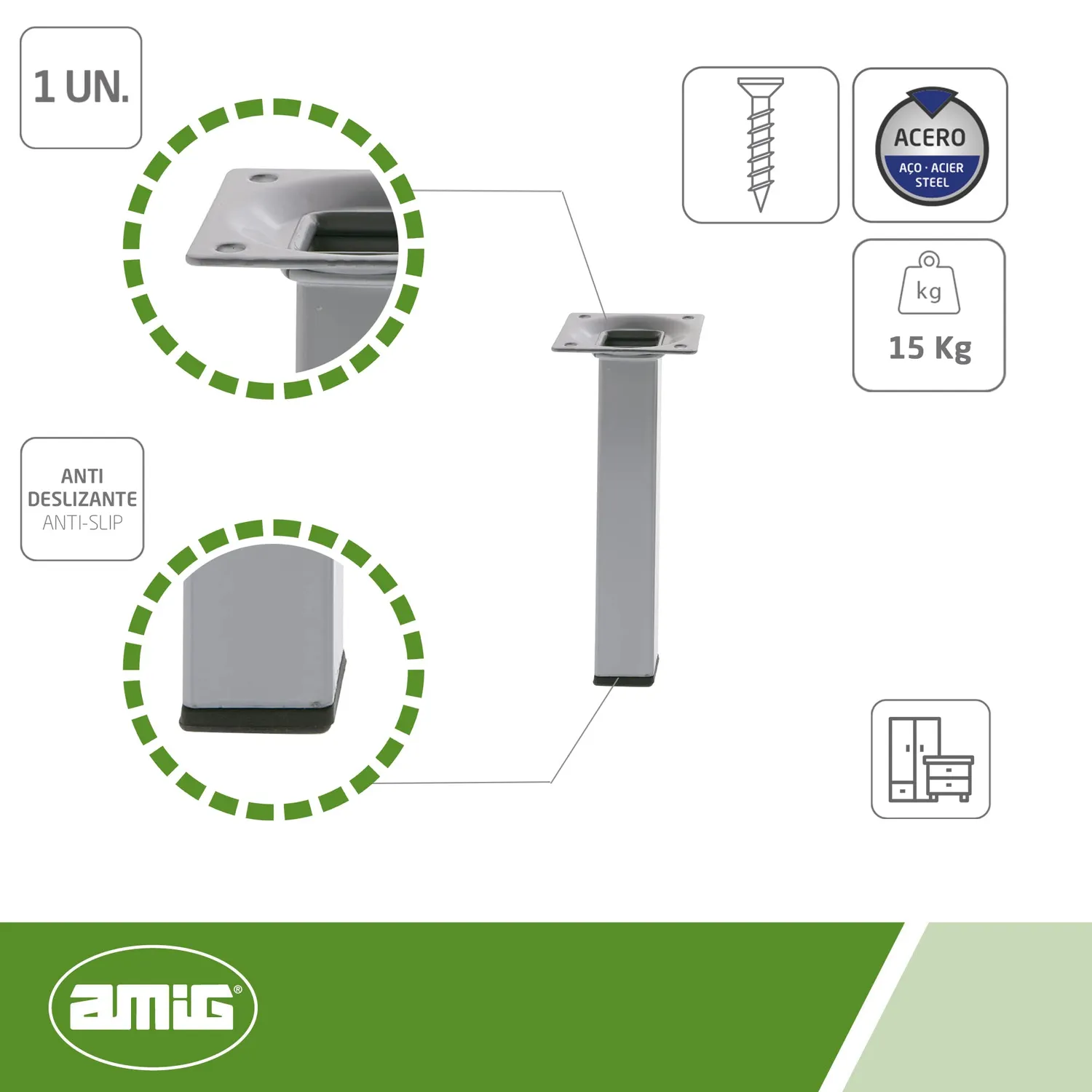 Amig Mod. 3 Gamba Tavolo 25x25x500 mm Acciaio Argentato
