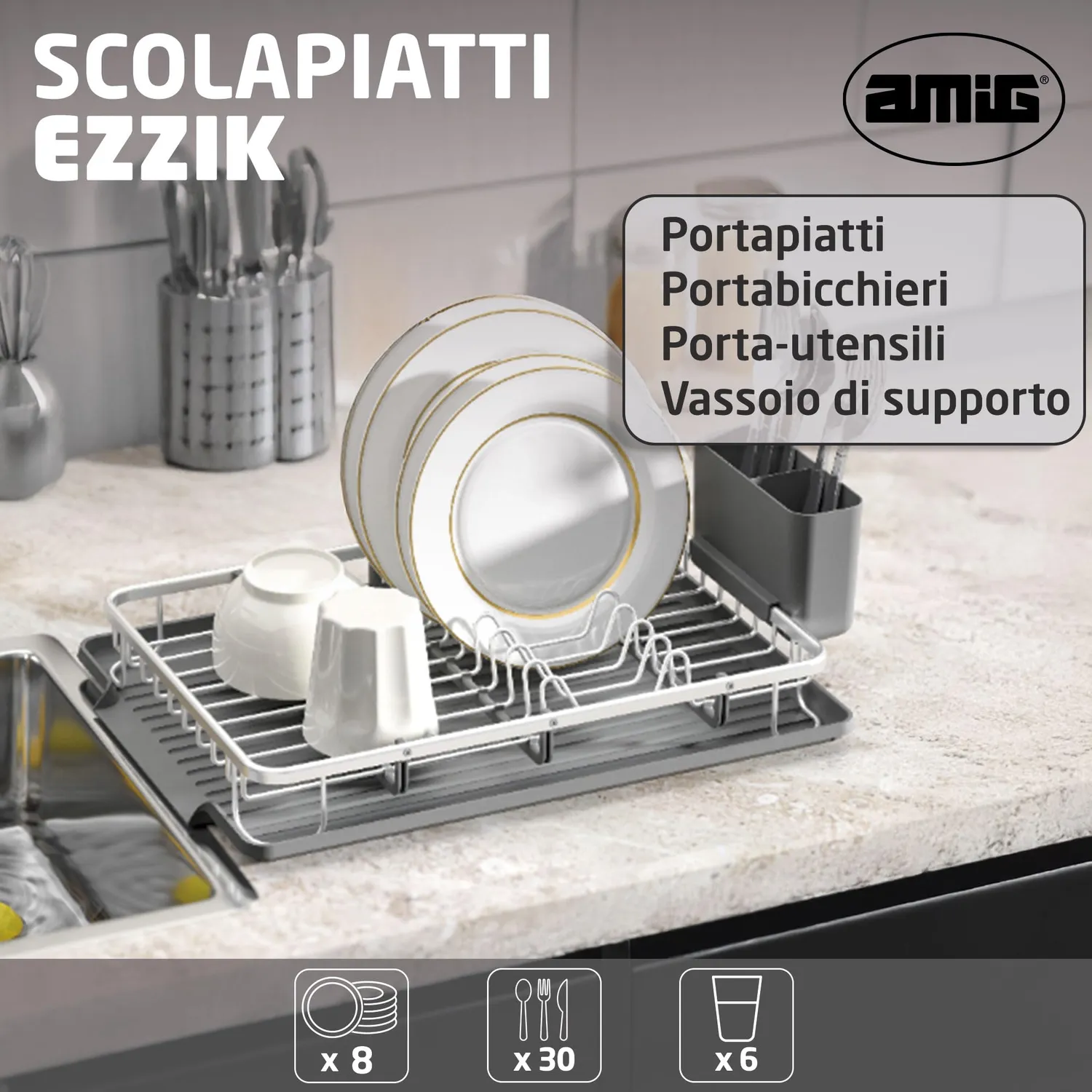 Amig Ezzik scolapiatti alluminio grigio 8 piatti 41 cm