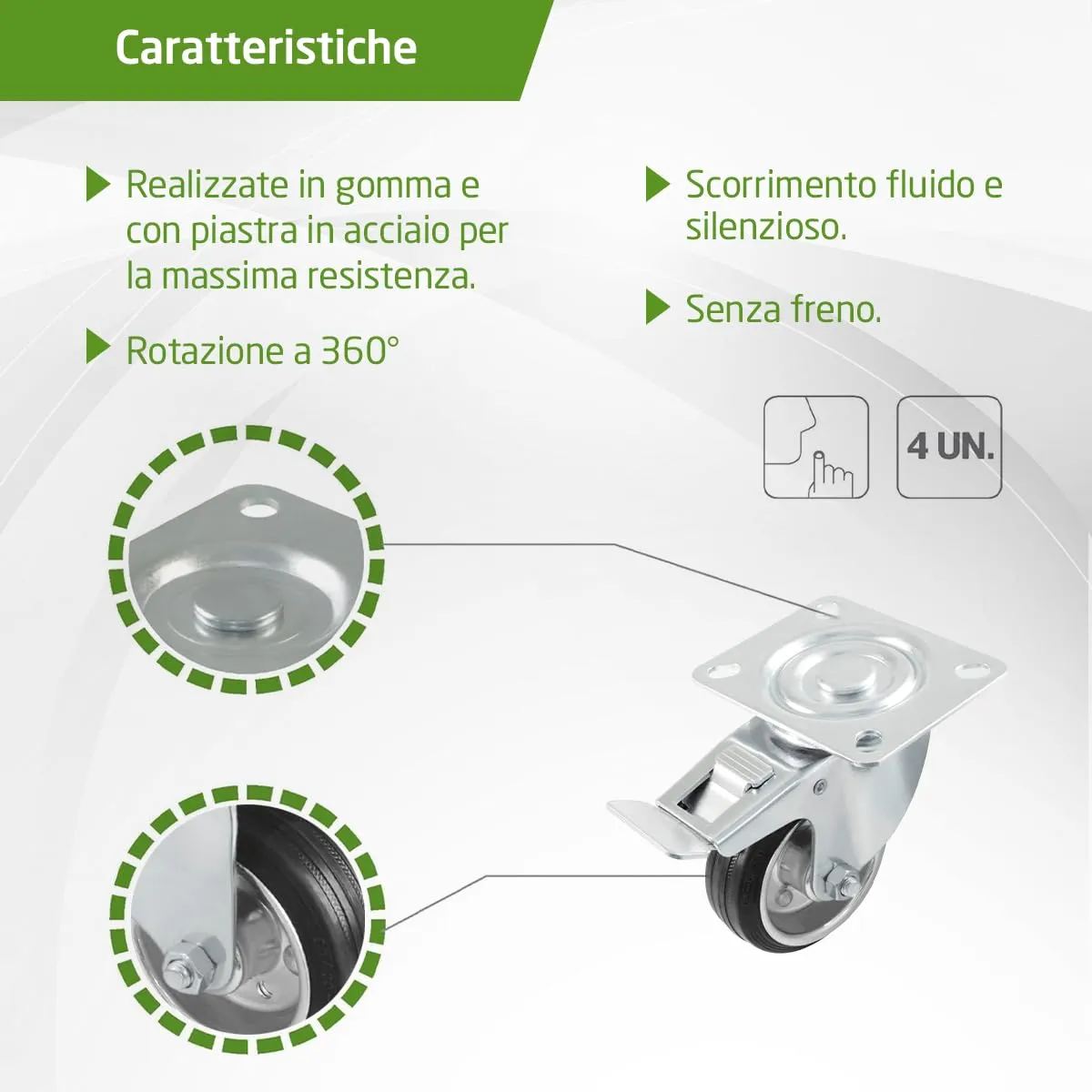 Amig Set 4 Ruote con Freno 125 mm 120 Kg Gomma