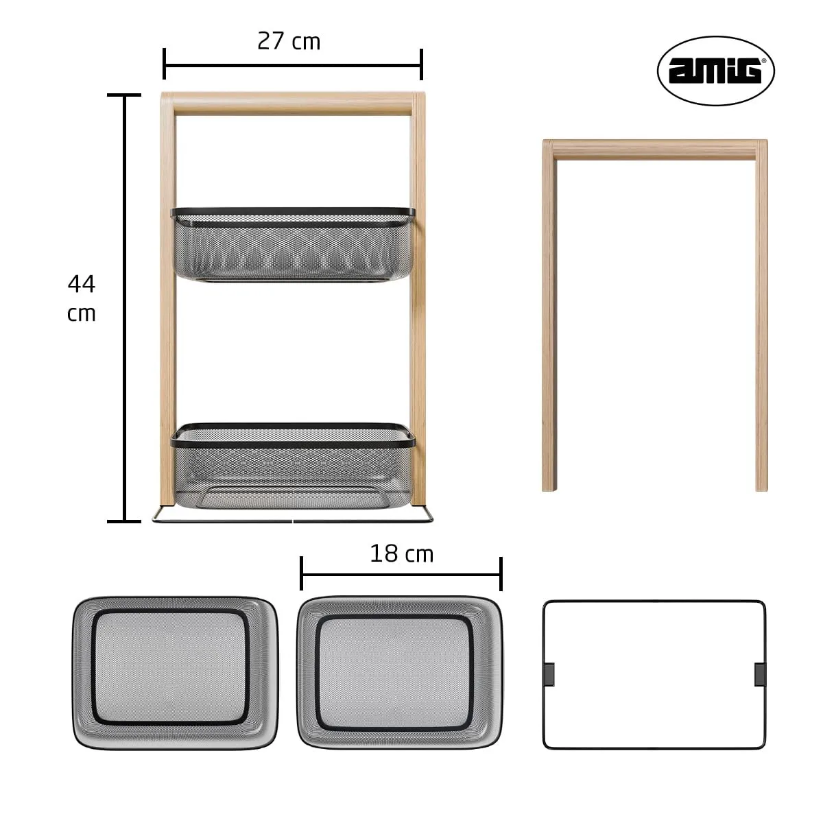 Amig scaffale 2 cesti 27x18x44 cm nero bambù