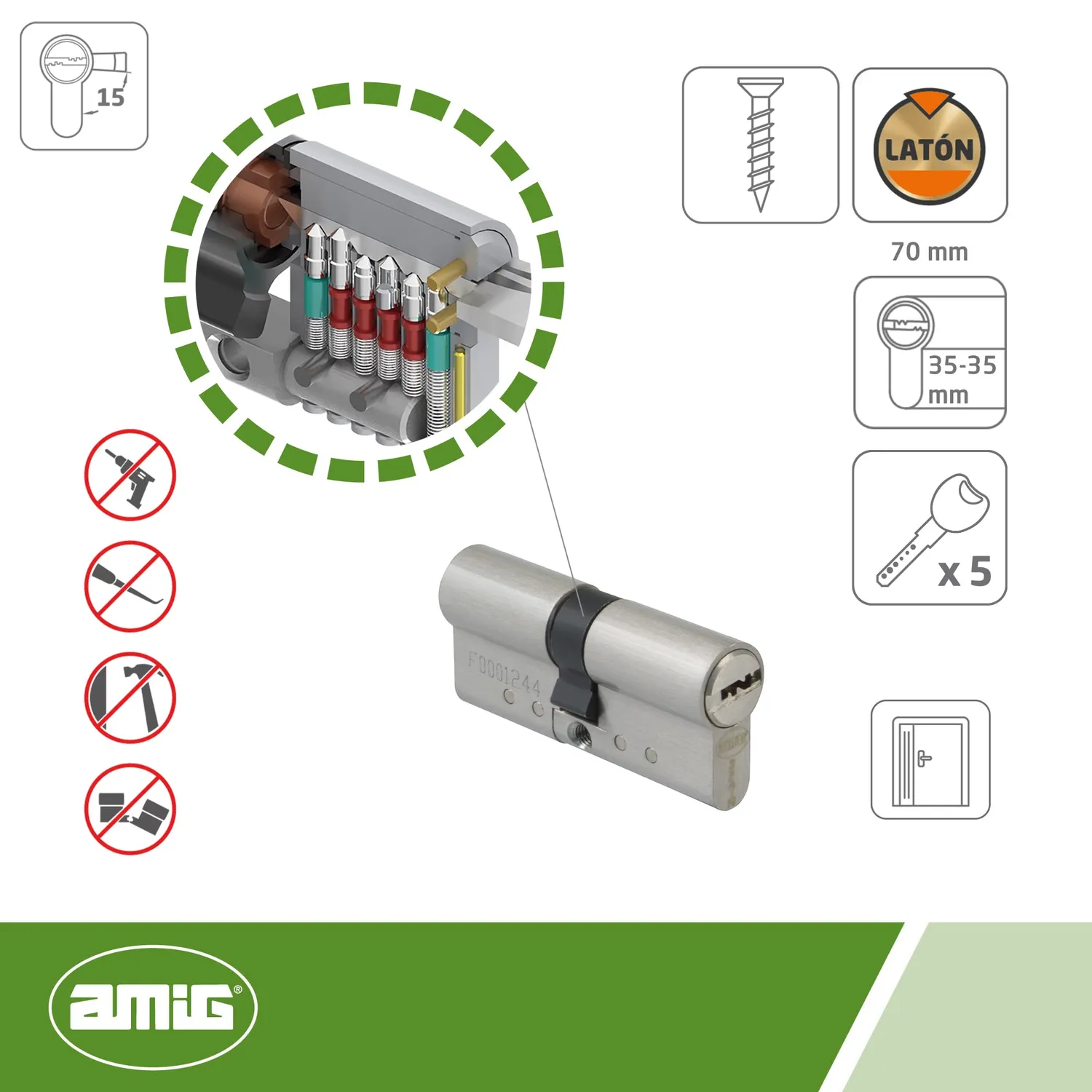 Amig 1PLUS catenaccio con cilindro 70 mm (35-35) acciaio
