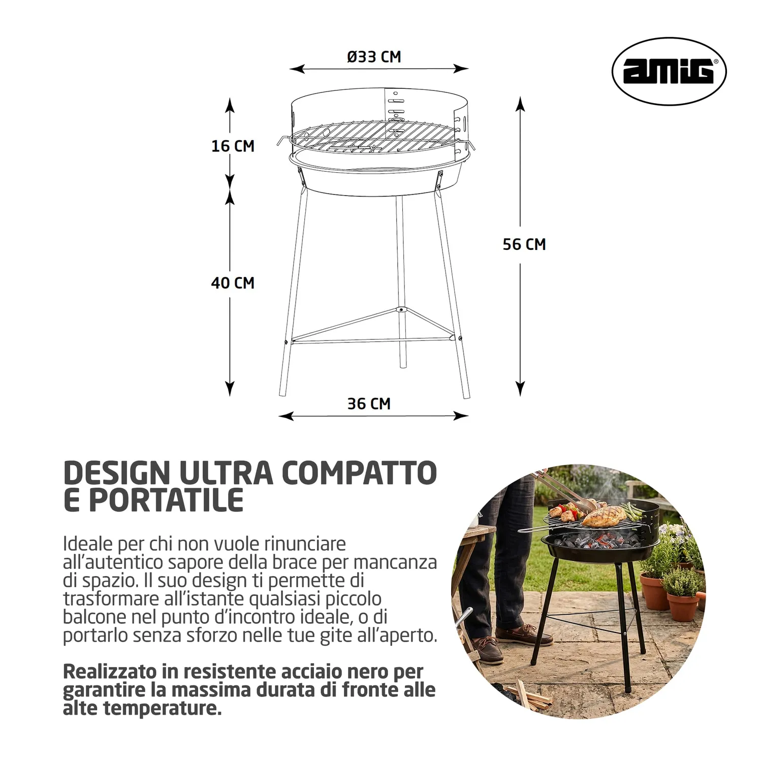 Amig Azkar barbecue a carbone nero 33x35x56 cm