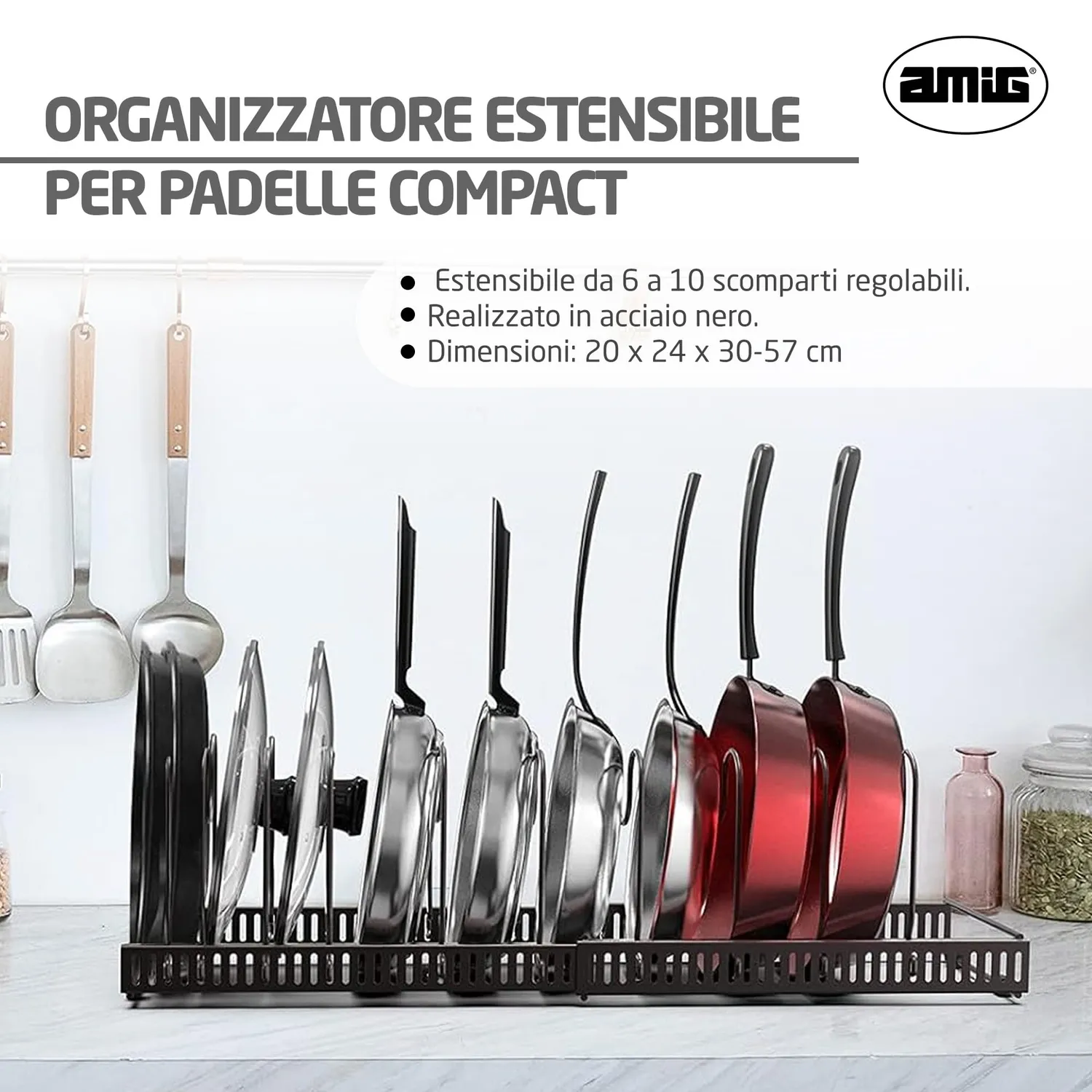 Amig organizer padelle estensibile nero 6-10 posti