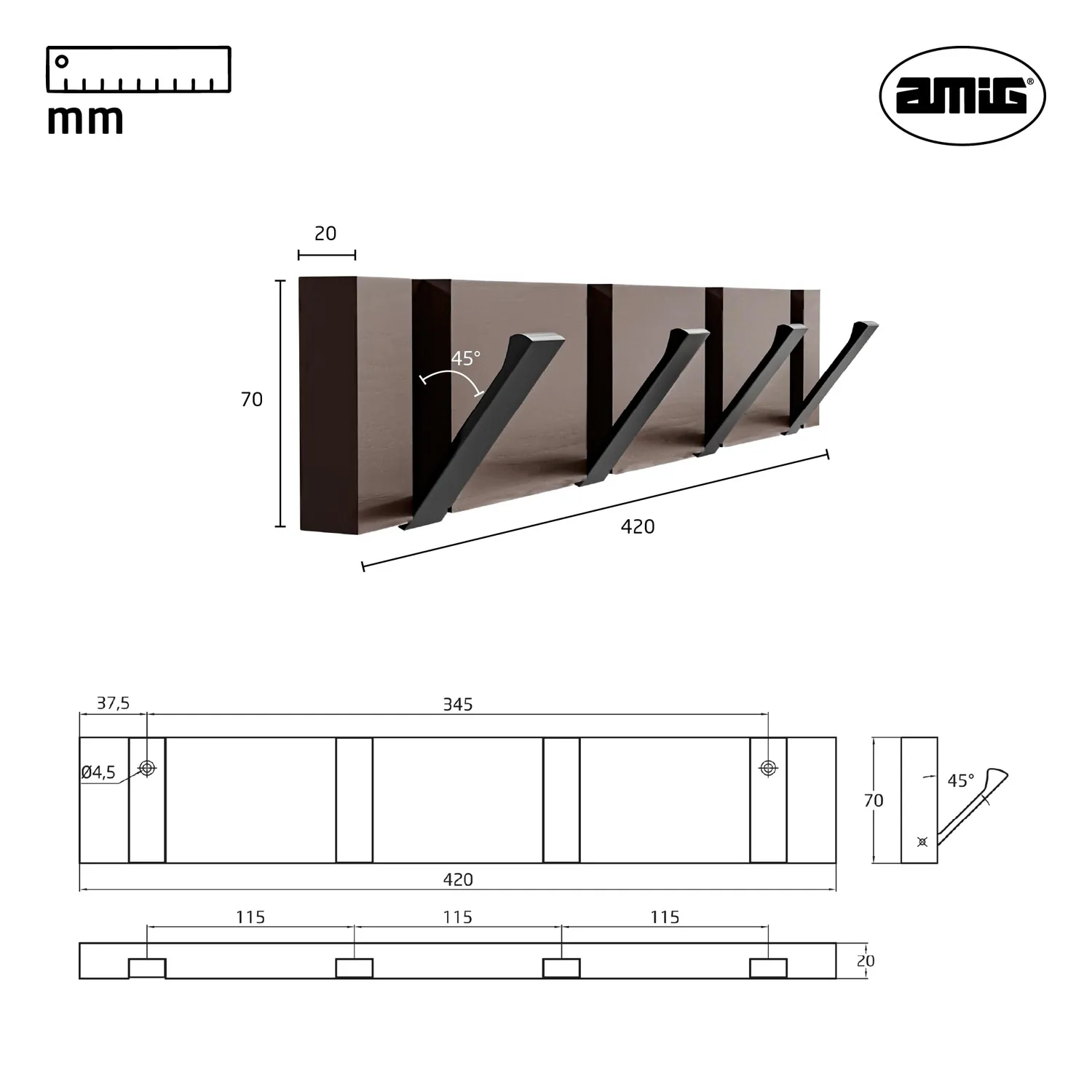 Amig CM39 Appendiabiti Muro Legno 420x70 mm