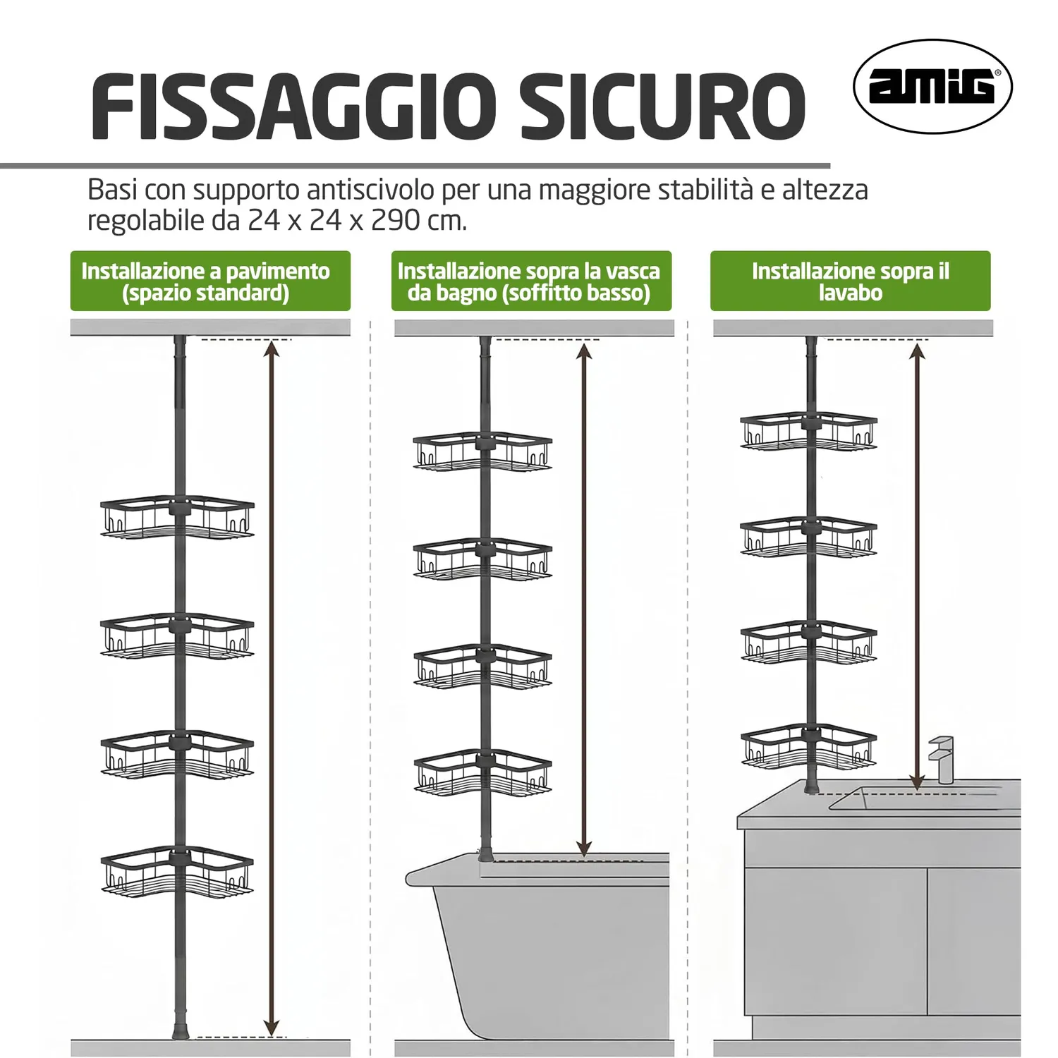 Amig Mensola Doccia Telescopica 290 cm Acciaio Nero 4 Ripiani