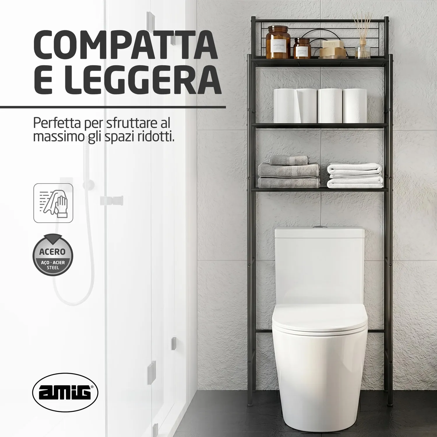 Amig Oria mensola bagno sopra WC 3 ripiani nera