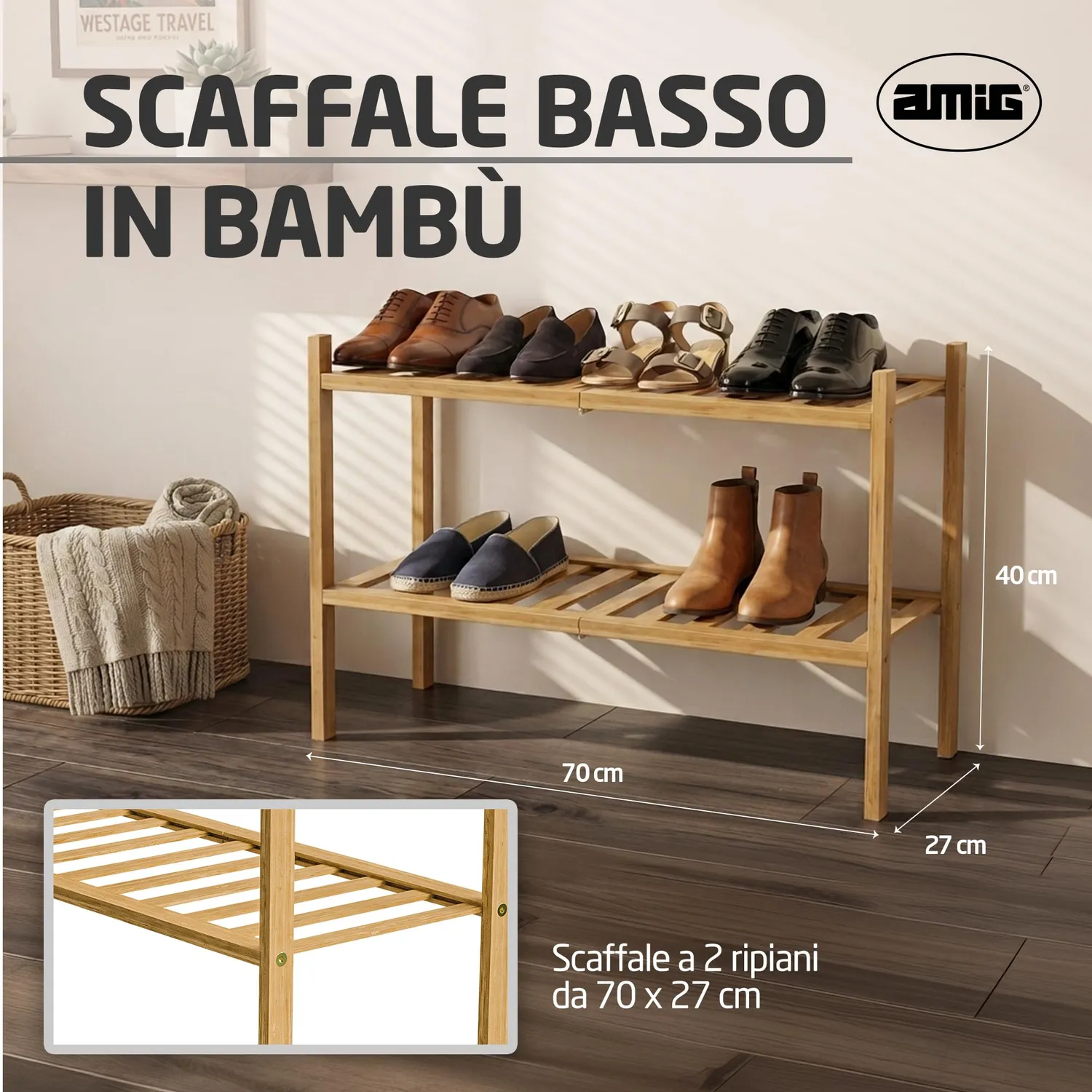 Amig Boo scarpiera bambù 2 ripiani 70x27x40 cm listelli