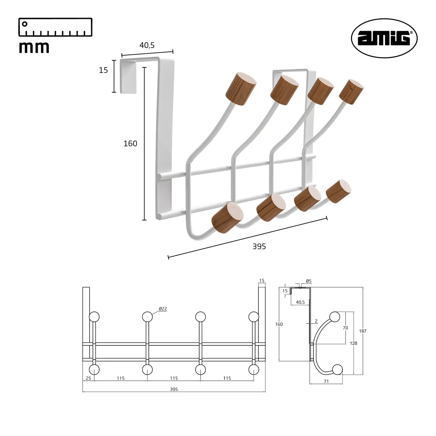 Amig CP47 appendiabiti da porta bianco 280 mm 2 pezzi