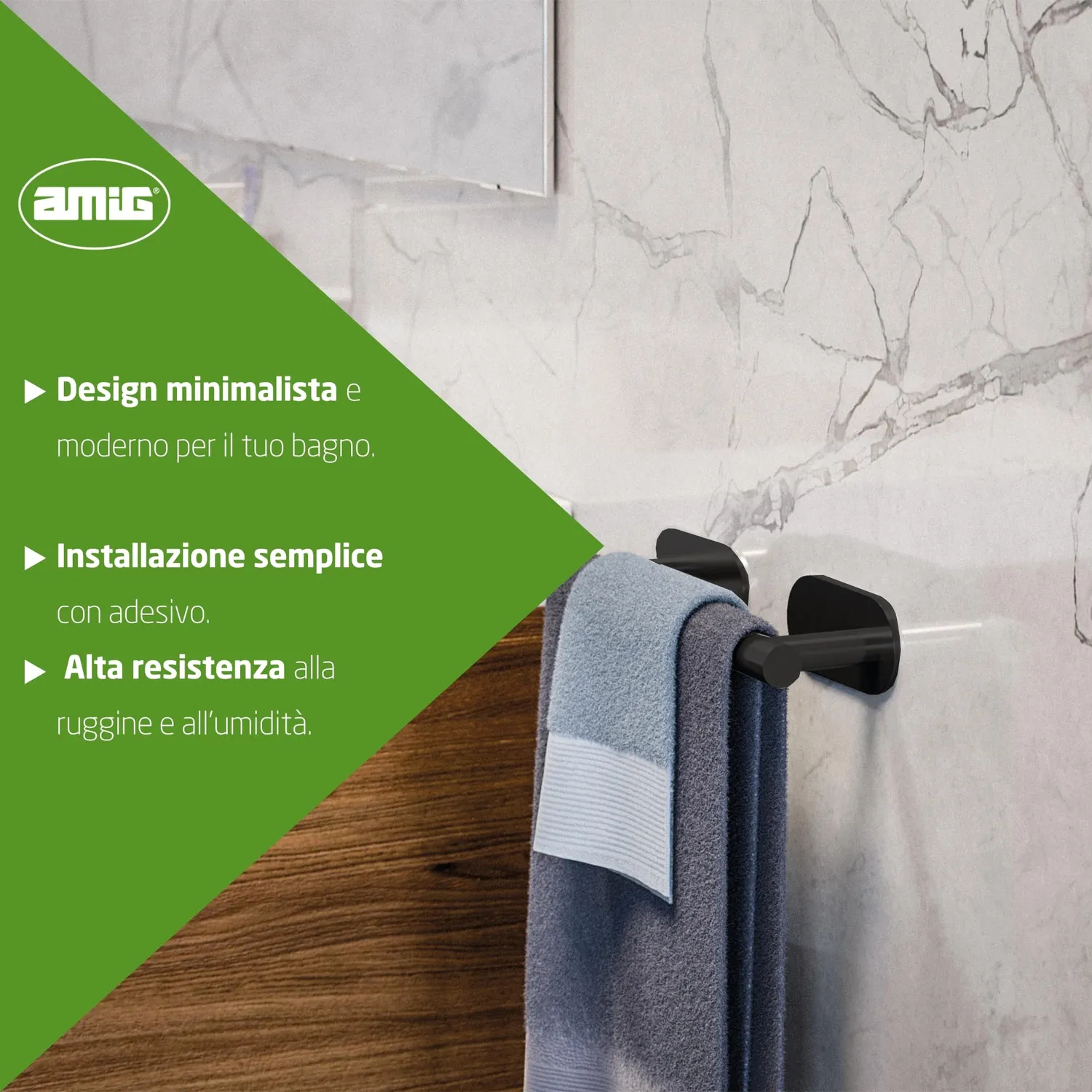Amig Ea-1 Portasciugamani Adesivo 23 cm Acciaio Nero Opaco