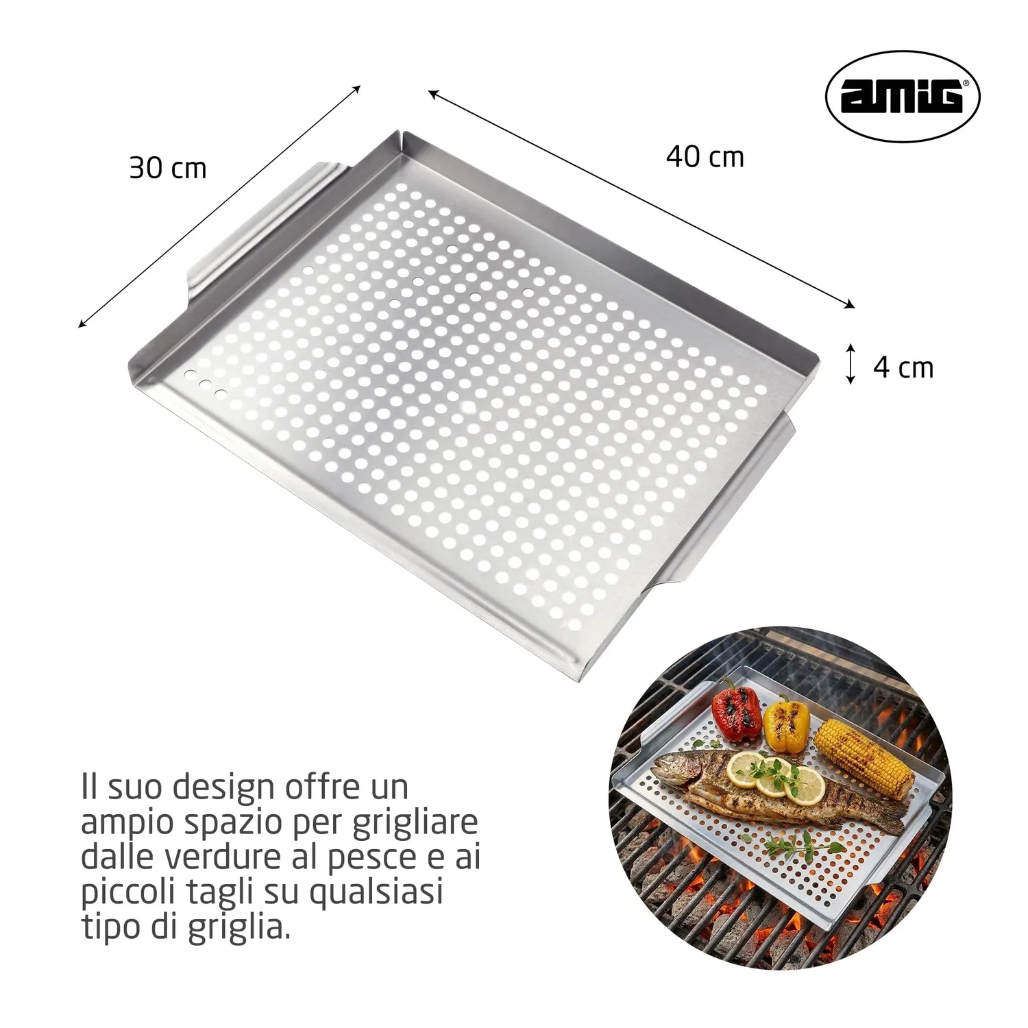 Amig AM08 piastra griglia pesce acciaio inox 40x30