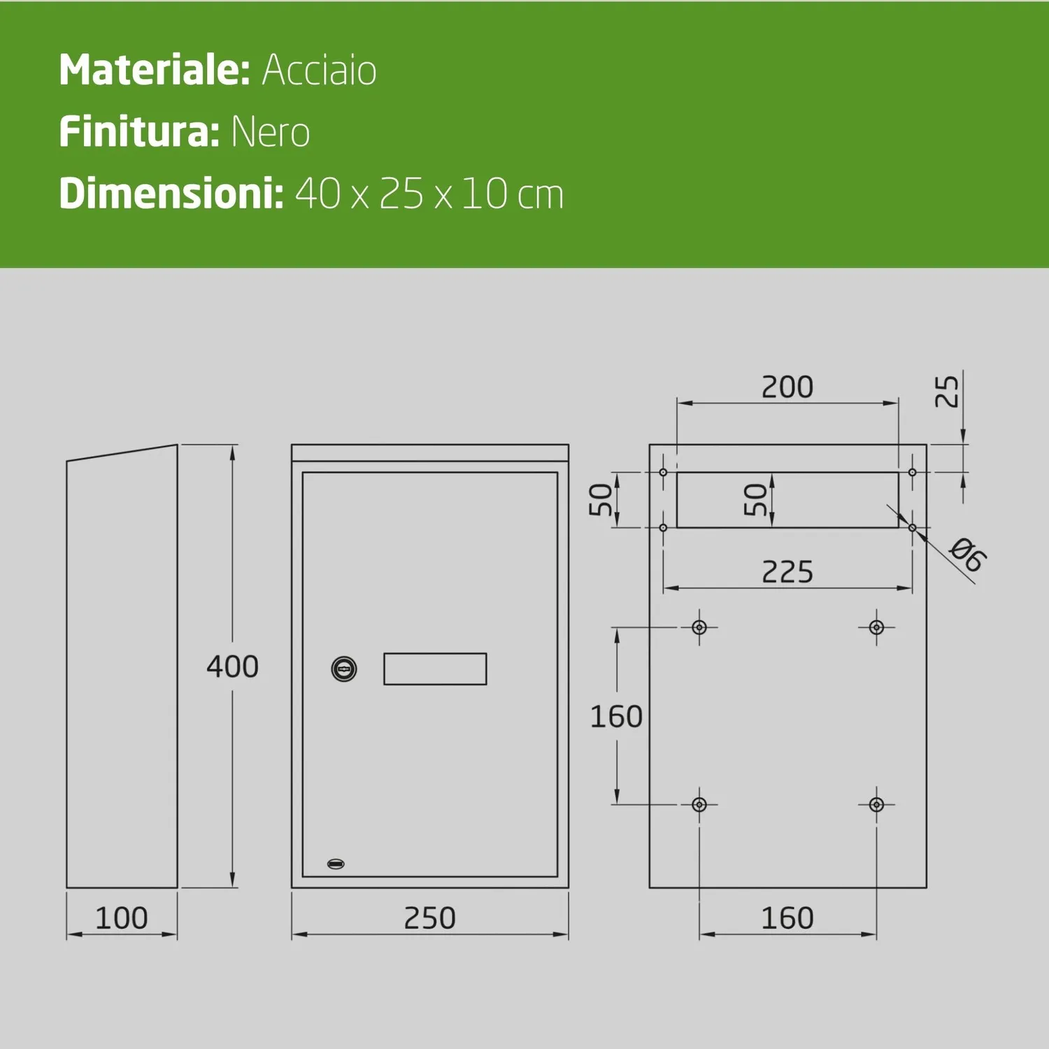 Amig cassetta postale interna A4 40x25x10 cm nera acciaio
