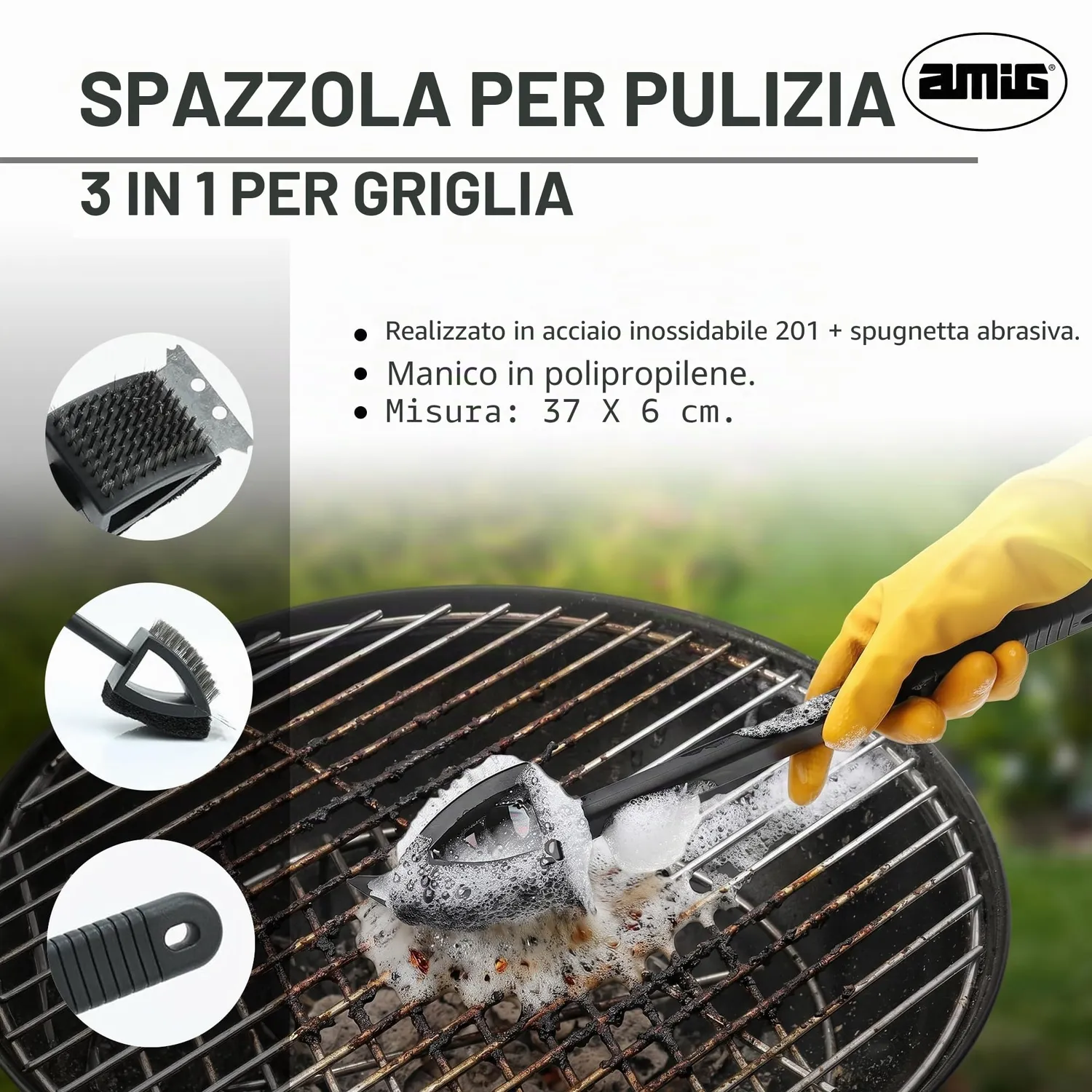 Amig AM20 Spazzola Griglia 3 in 1 37x6 cm Inox