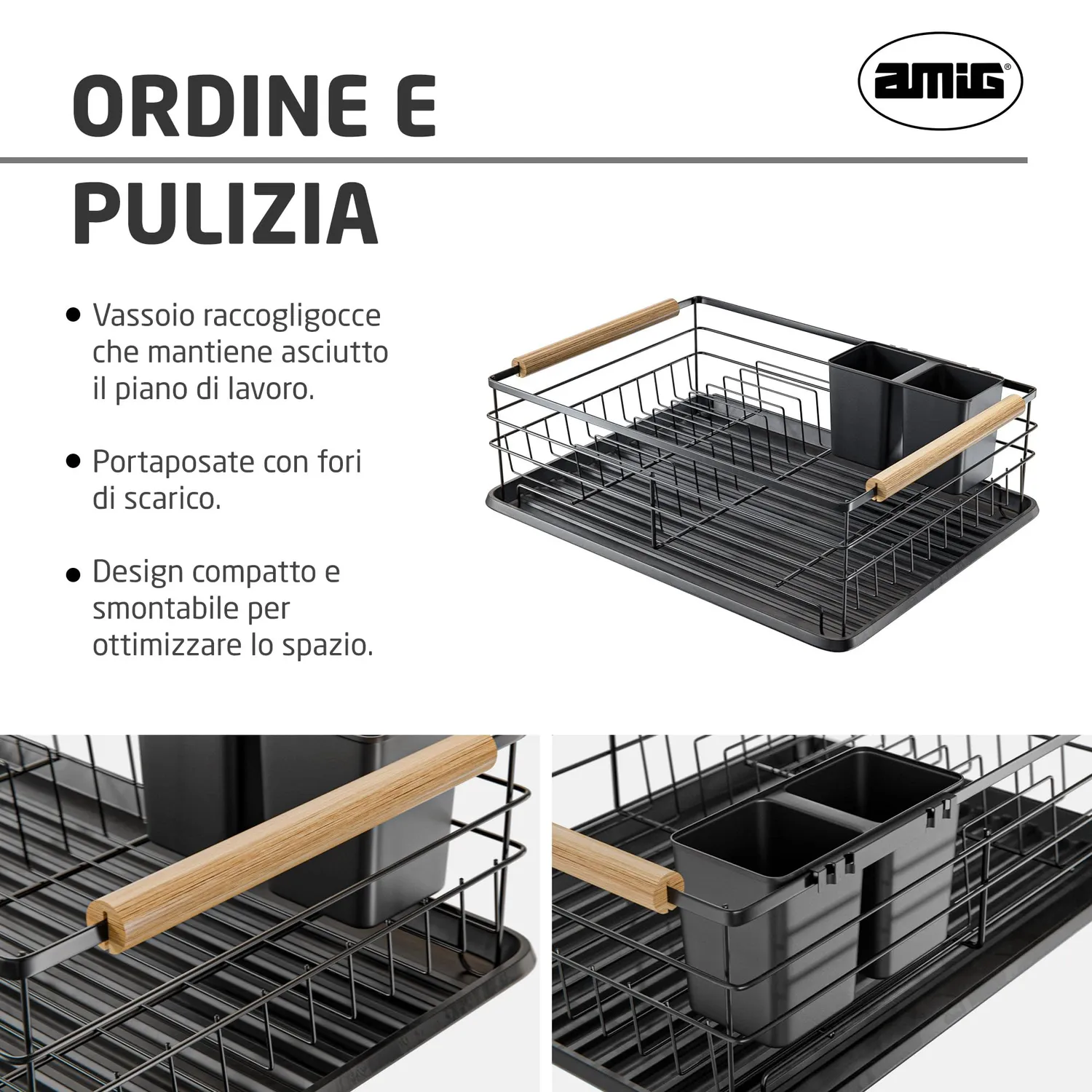 Amig Graz II scolapiatti nero acciaio 42x31,5x15 cm