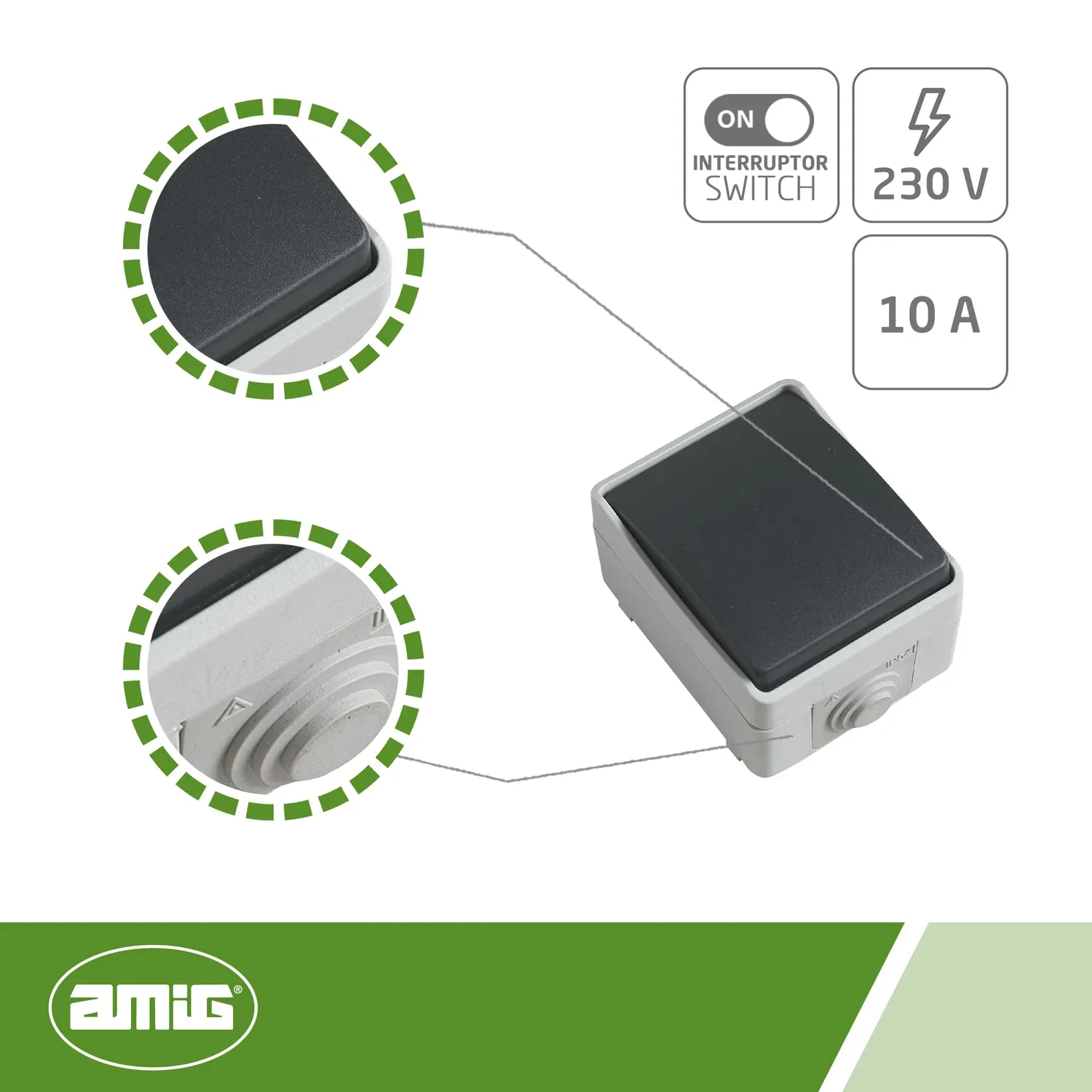 Amig 3621 Interruttore Esterno IP54 Grigio Sovrapporre