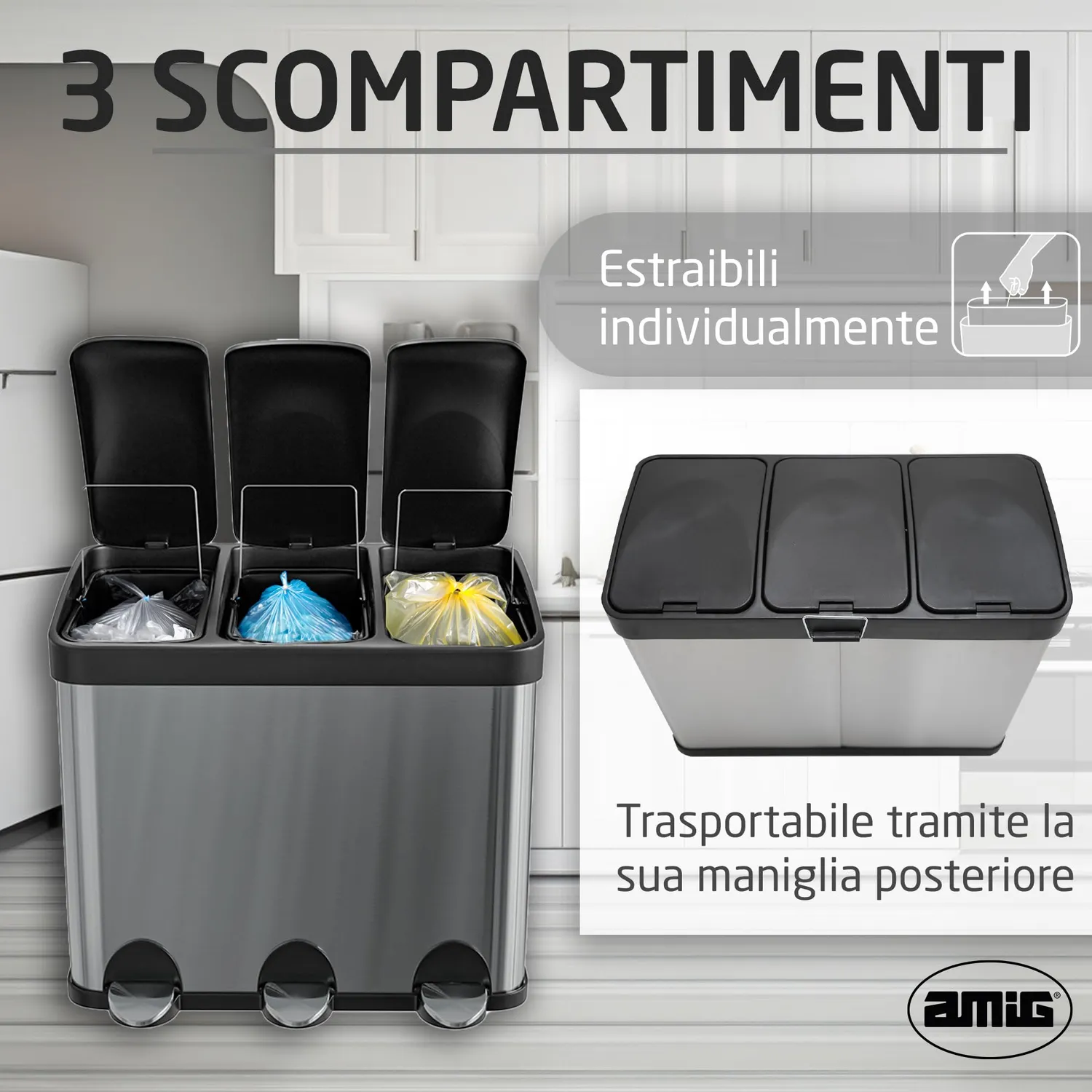 Amig RECIK3-3 pattumiera tripla 45L argento inox