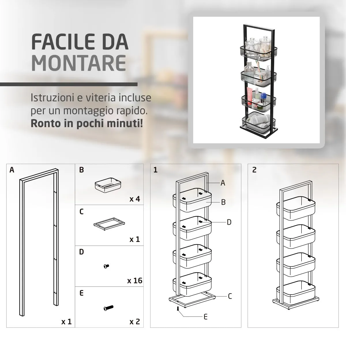 Amig carrello cucina 4 cesti 27,6x18x89,2 cm acciaio nero