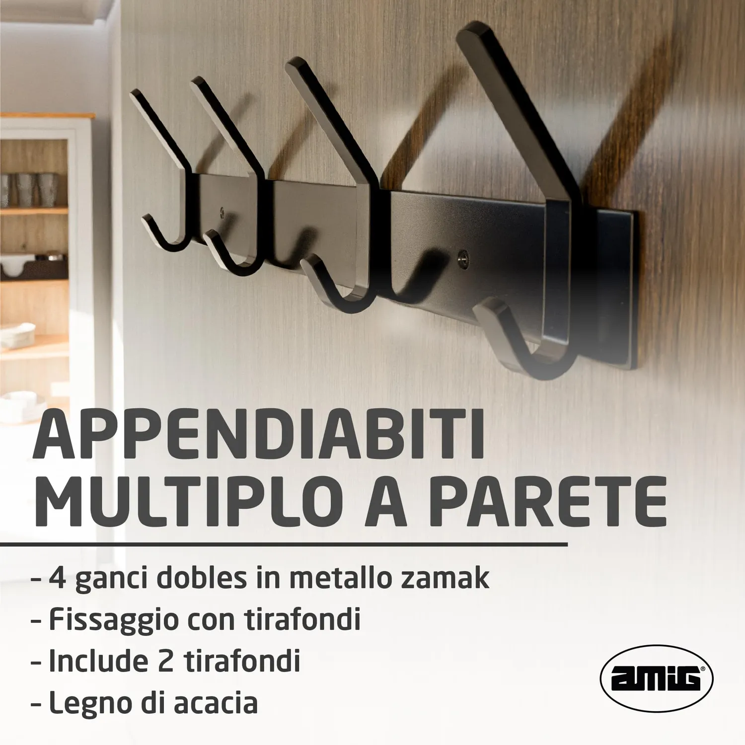 Amig CM38 appendiabiti muro 405 mm acciaio nero