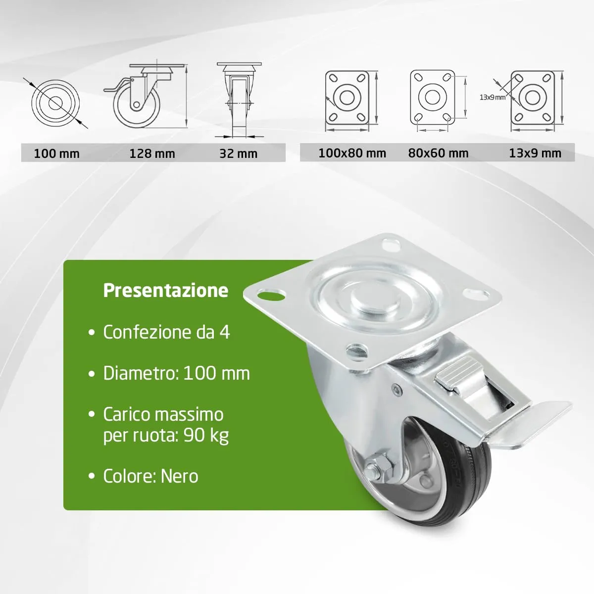 Amig set 4 ruote mobili 100 mm senza freno 100 kg