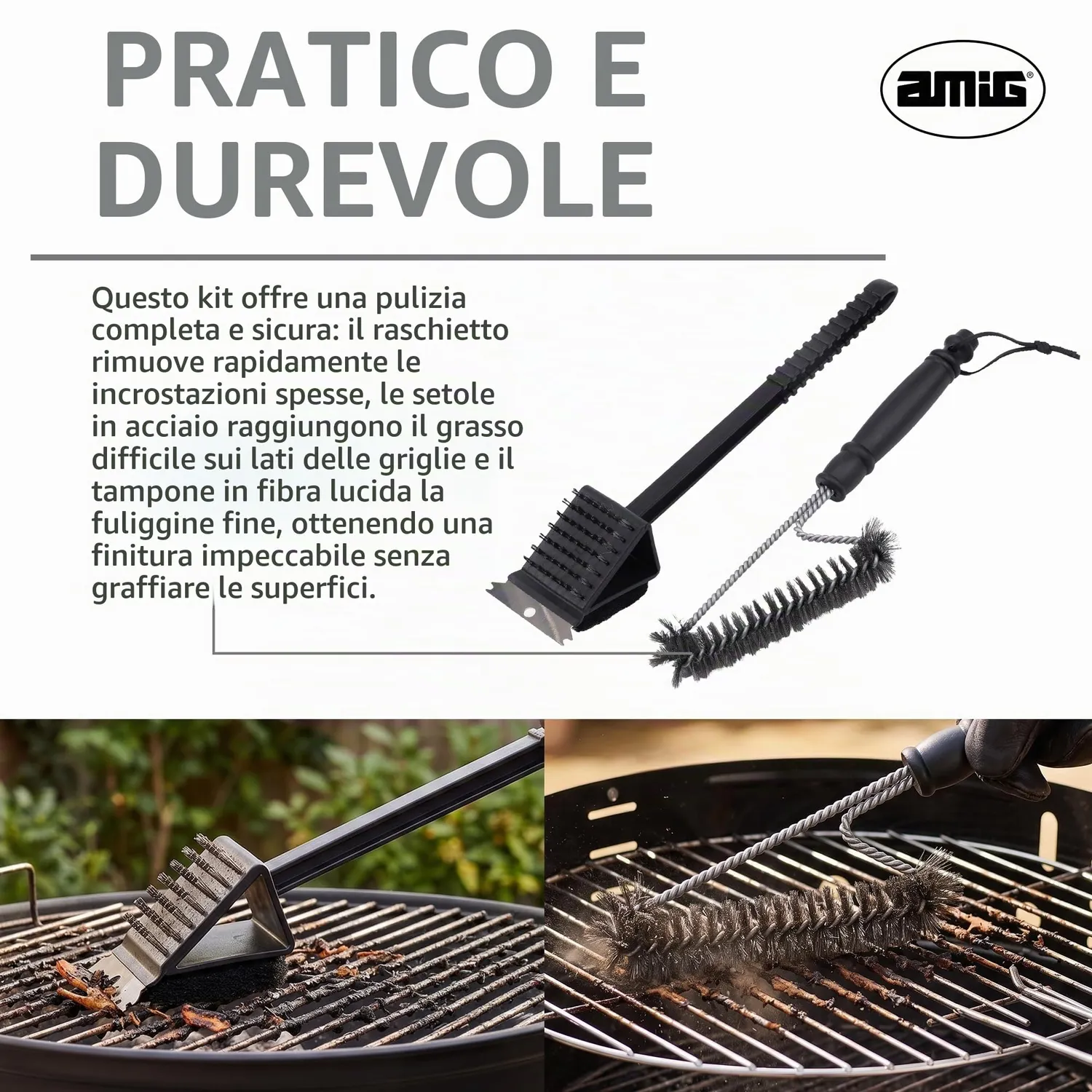 Amig AM23 kit pulizia barbecue 37x6 cm in acciaio inox